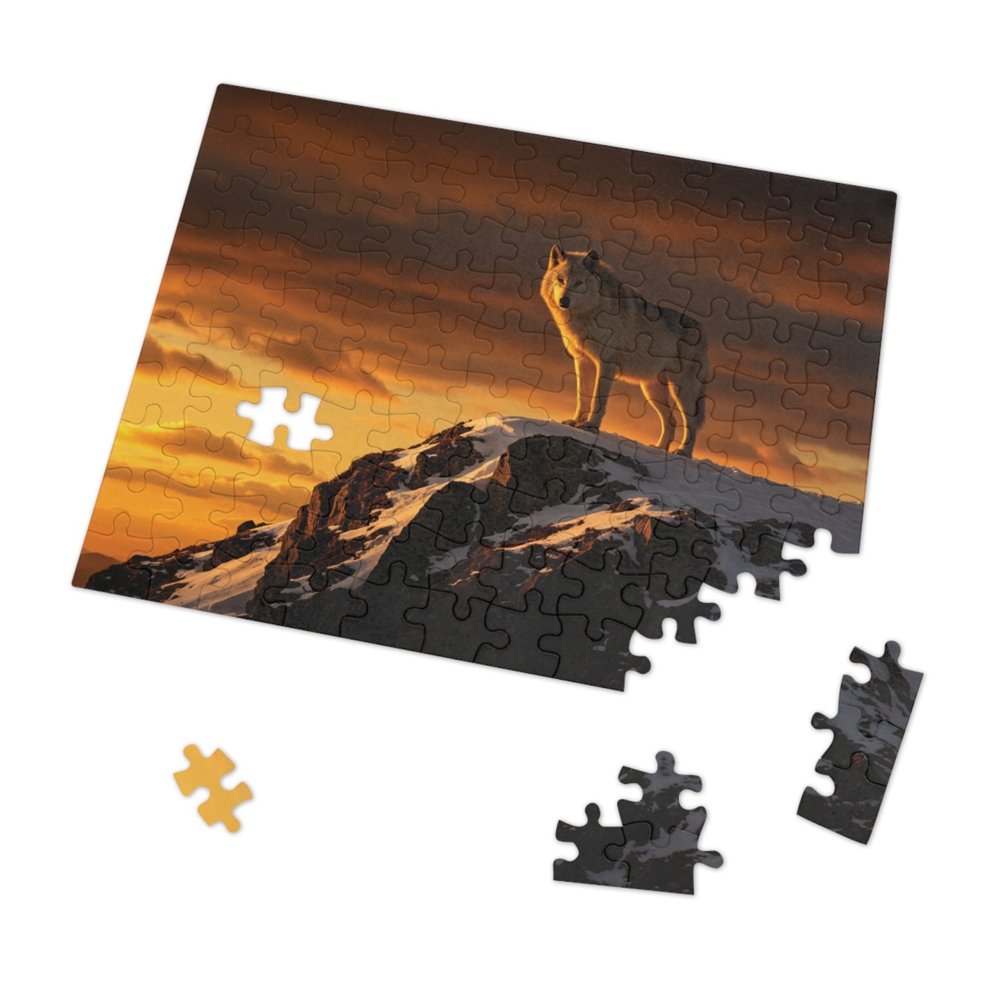 110, 252, 500, 1000, 5000 Wolf Mountain Jigsaw Puzzle with Tin, Lone Wolf at Sunset, Wild Wolf on Snowy Peak, Sunset Wolf Puzzle, Arctic Wolf on Rocky Summit, Wolf in the Wilderness