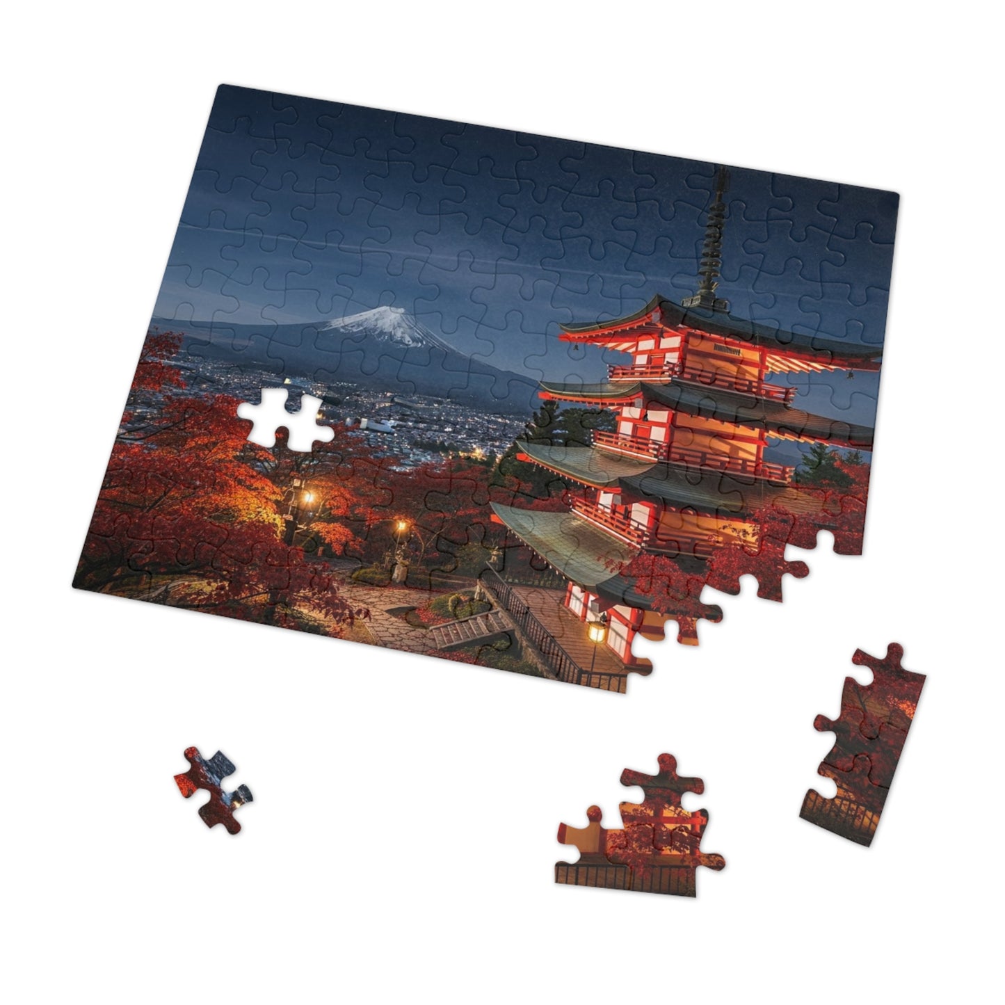 Mount Fuji Night Pagoda Jigsaw Puzzle 🌙🗻 Autumn Temple View, Japan City Lights & Crimson Maples