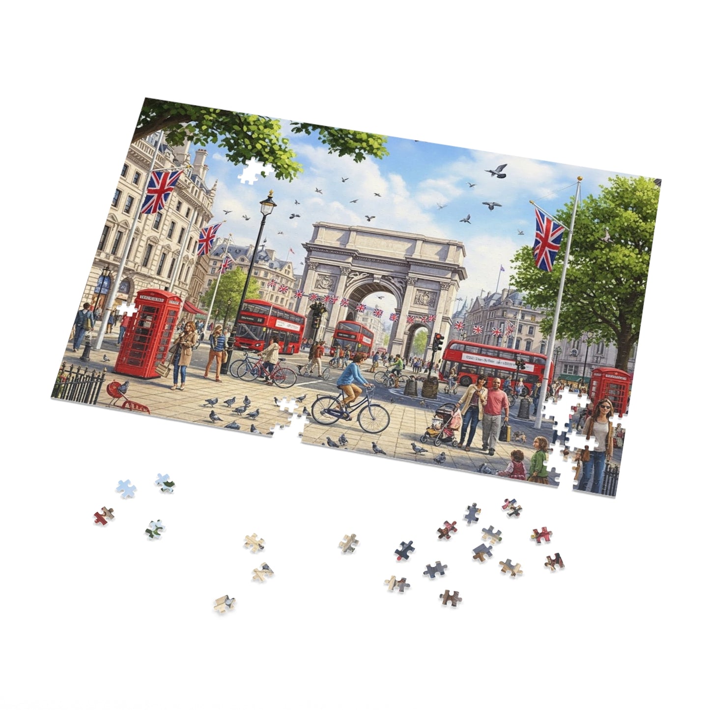 Historic London Arch Jigsaw Puzzle with Red Buses Cyclists and Crowds