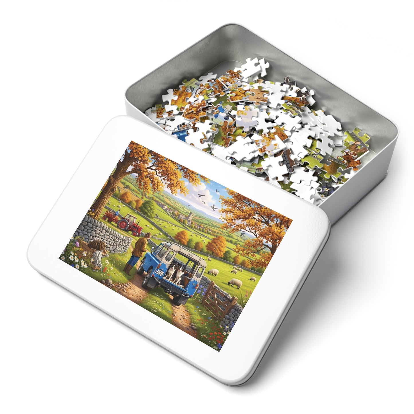 Autumn Countryside Farm Jigsaw Puzzle with Dogs, Tractor & Village