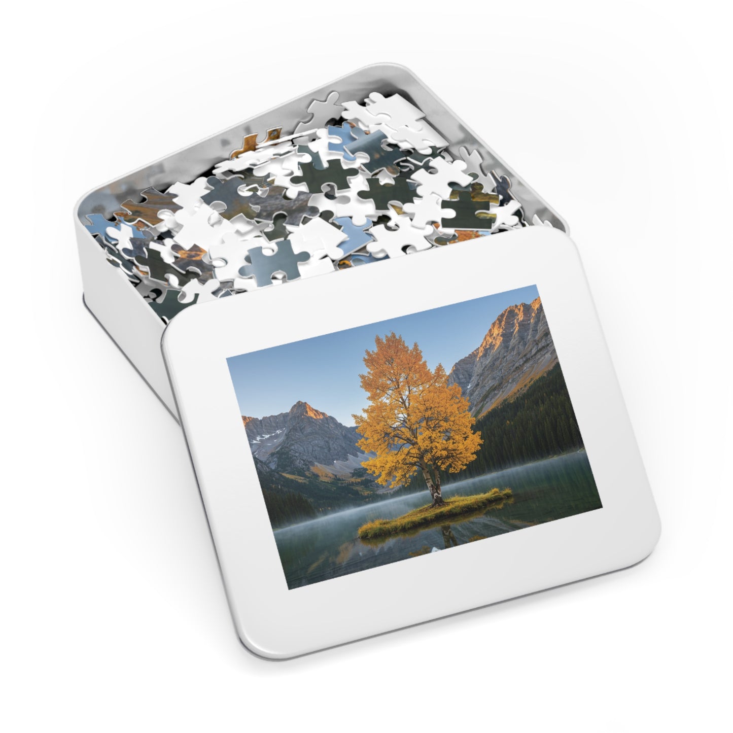 110, 252, 500, 1000, 2000 Autumn Landscape Jigsaw Puzzle with Tin, Golden Autumn Tree Lake Puzzle, Autumn Tree & Calm Waters, Misty Lake and Rocky Peaks Jigsaw