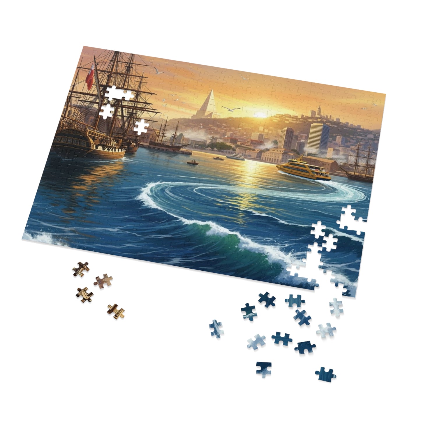 Sunset Harbor Jigsaw Puzzle |  Coastal City Sailing