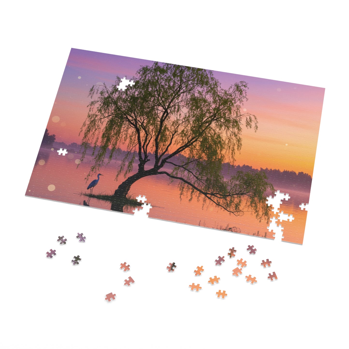 Willow Tree & Heron Jigsaw Puzzle (110, 252, 500, 1000, 2000 pcs) – Sunset Lake Scene in Gift Tin