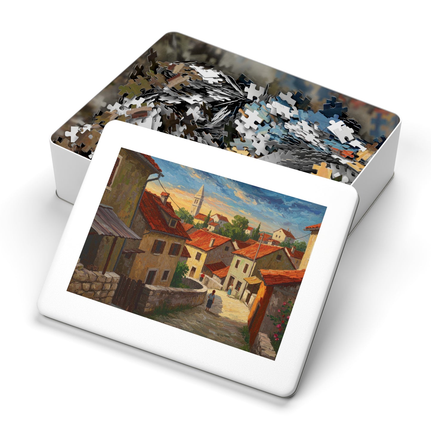 110, 252, 500, 1000, 2000 Mediterranean Village Jigsaw Puzzle Jigsaw Puzzle, Rustic European Village, Old World Architecture and Warm Colors