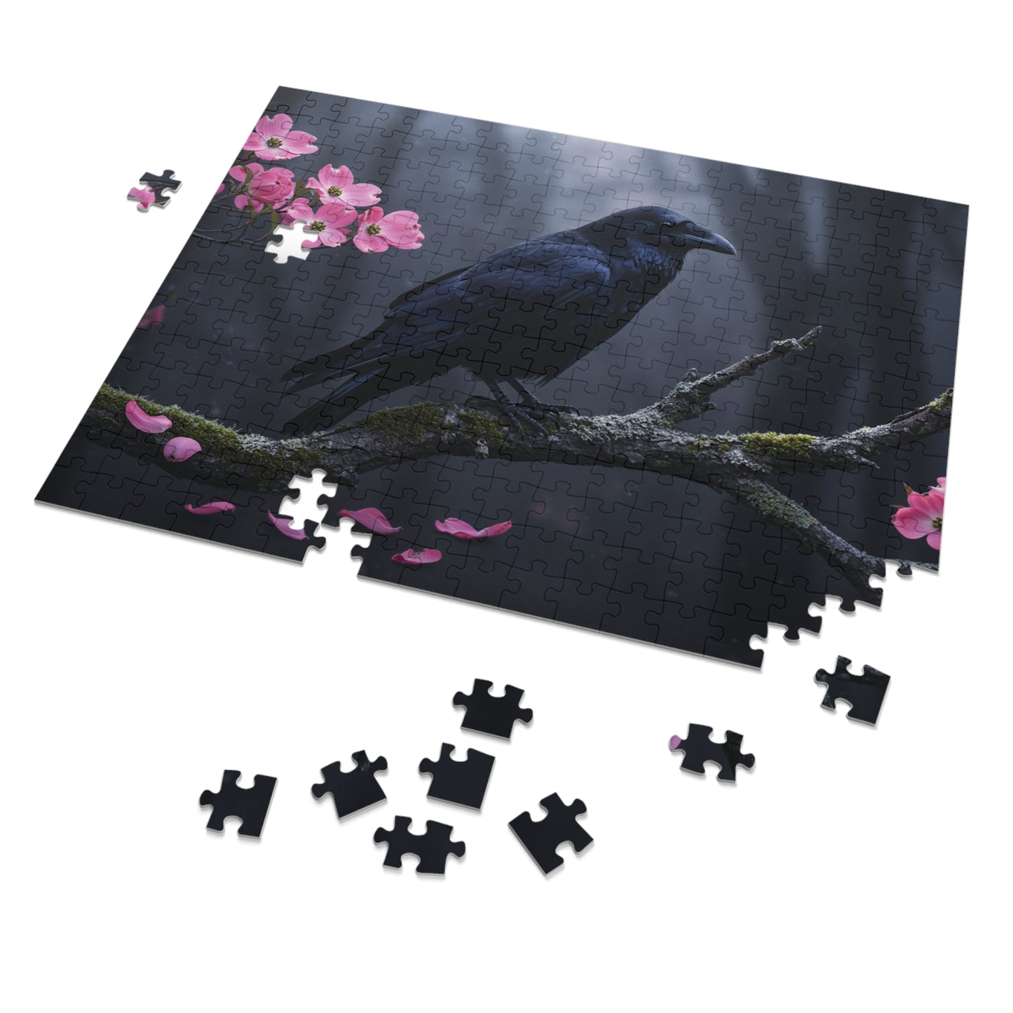 110, 252, 500, 1000, 2000 Black Bird in Spring Forest | Dark Raven with Pink Blossoms | Nature-Inspired Raven & Bloom Puzzle |Mystical Raven Jigsaw Puzzle with Tin | Gothic Raven & Cherry Blossom Puzzle