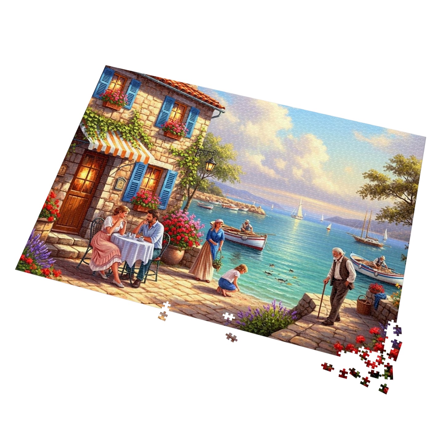 Mediterranean Seaside Café Puzzle | Charming Coastal Village, Sailboats, Flowers & Sunset Life