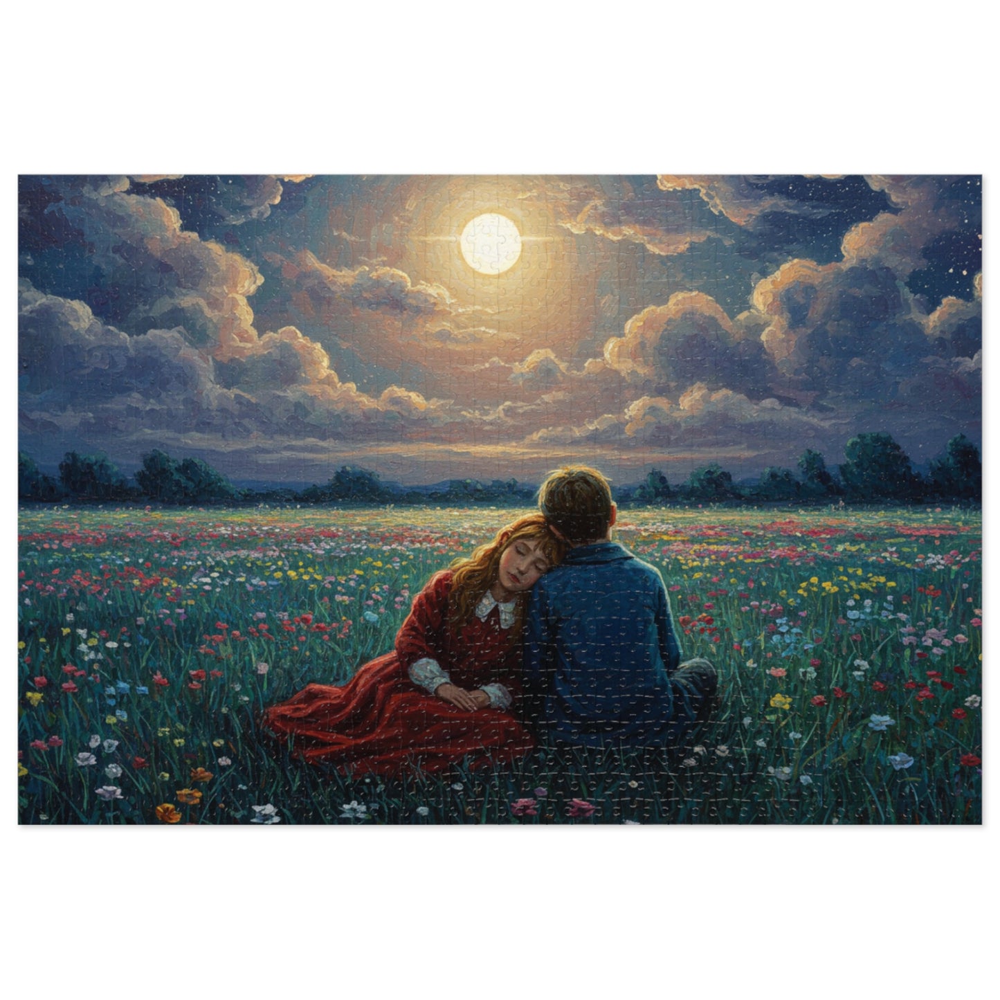 110, 252, 500, 1000, 2000 Romantic Moonlight Jigsaw Puzzle, Starry Night Romance Puzzle, Couple Under Moonlight in Meadow, Lovers Resting in Flower Field
