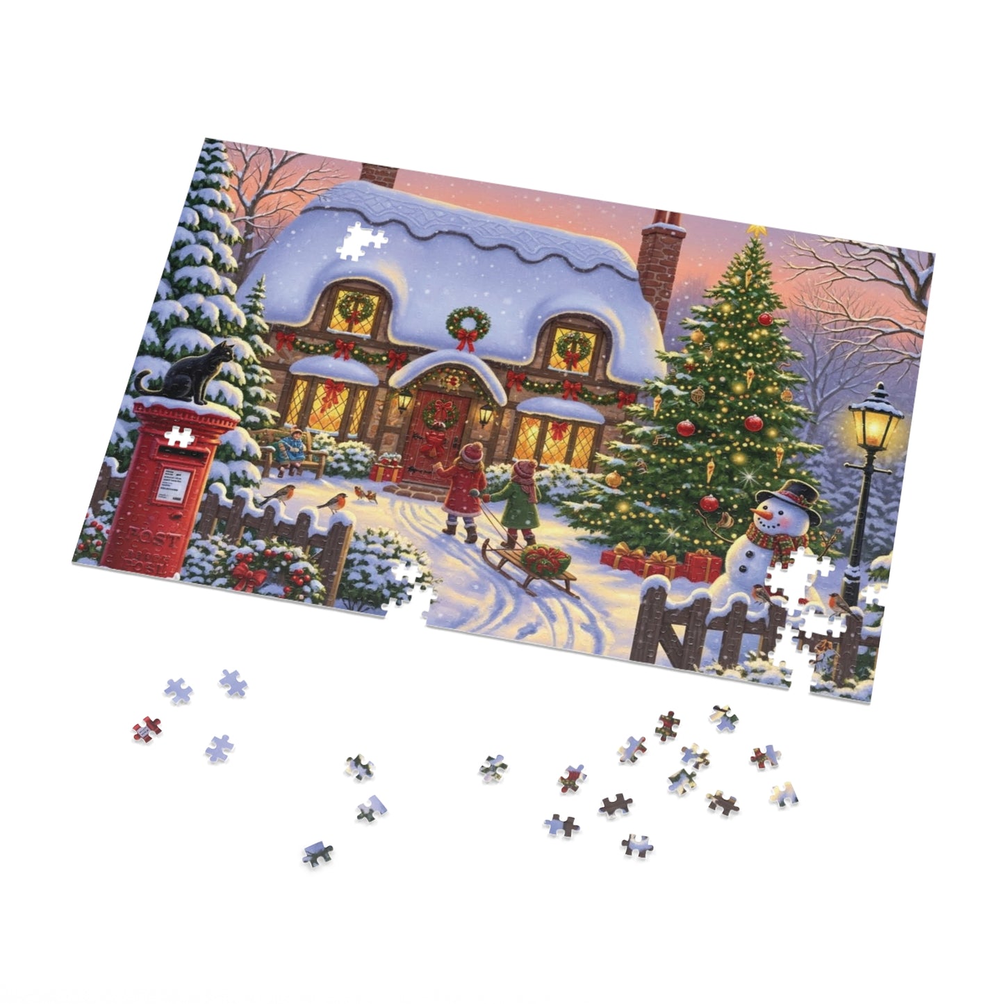 Christmas Cottage Jigsaw Puzzle with Tree Snowman and Sled
