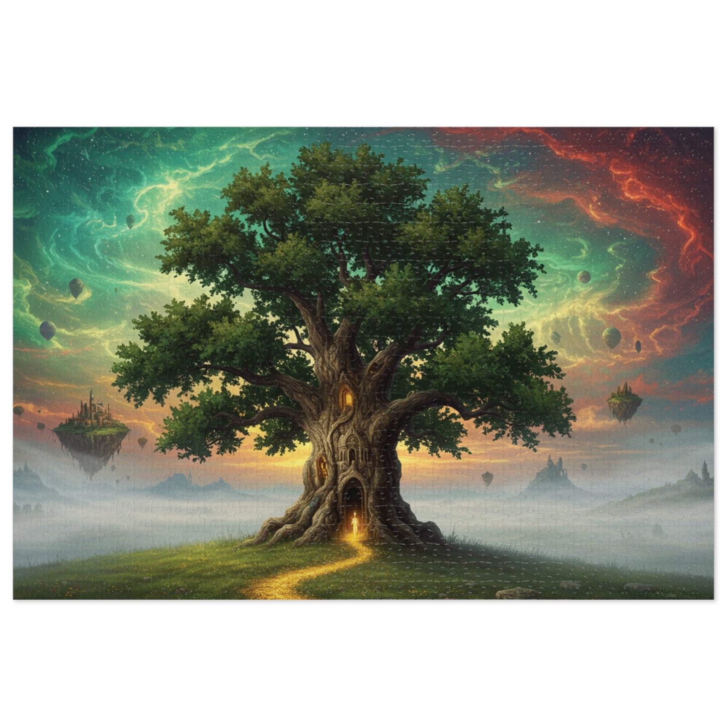 110, 252, 500, 1000, 2000 Magical Tree Jigsaw Puzzle, Mystical Tree with Glowing Doorway, Cosmic Sky and Enchanted Forest Scene, Mystical Gateway Puzzle