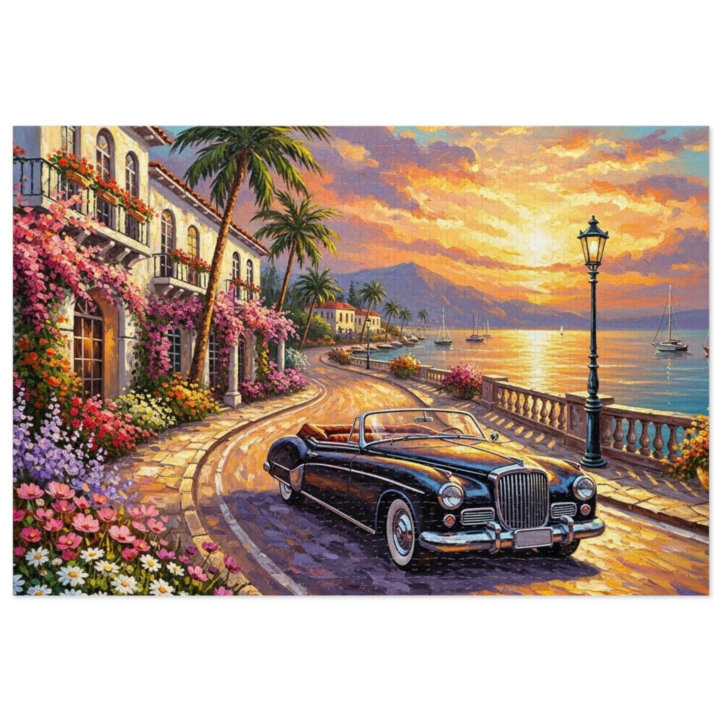 Vintage Convertible Coastal Sunset Jigsaw Puzzle