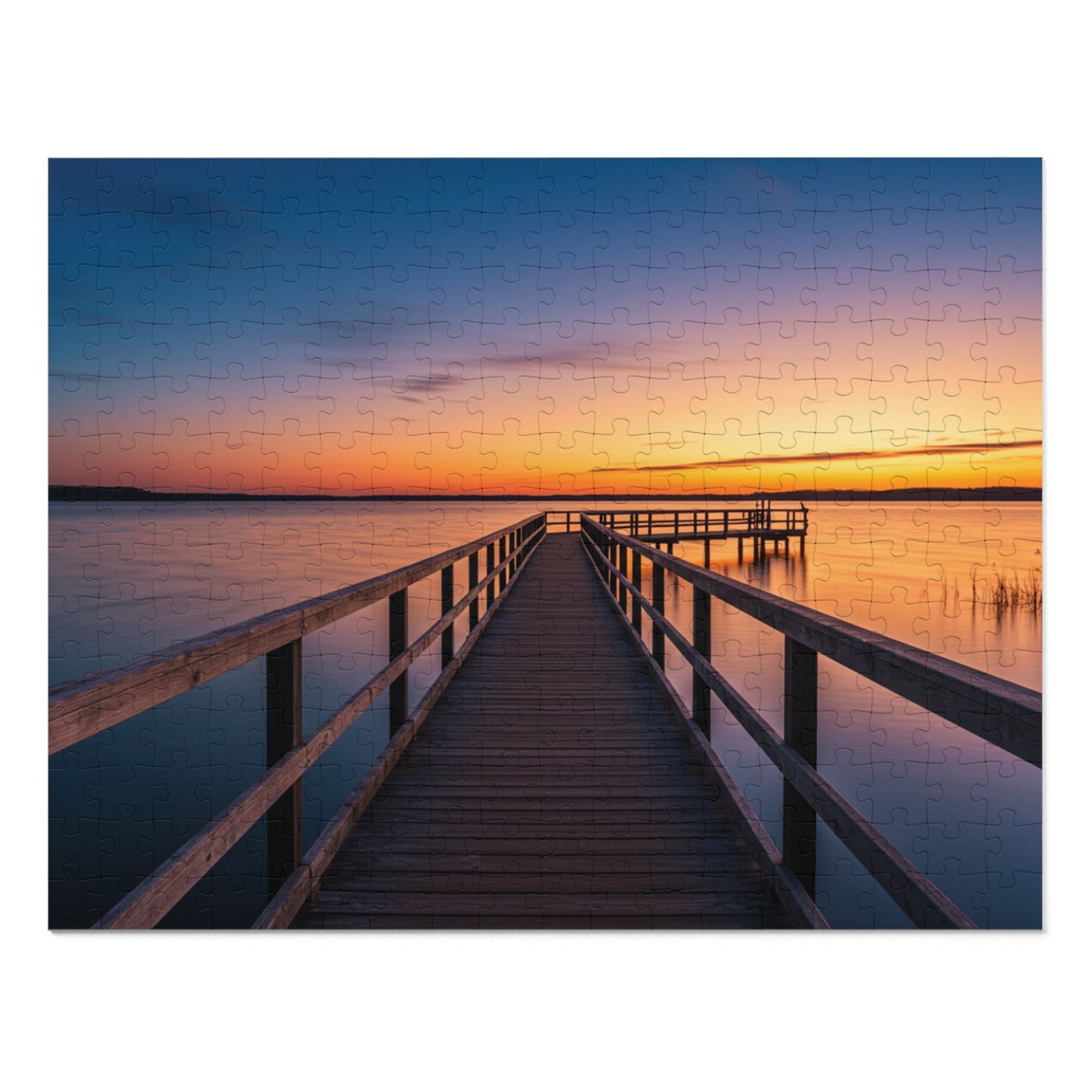 Sunset Jigsaw Puzzle with Tin, Boardwalk Sunset Puzzle – Soothing Waterscape Jigsaw for Relaxation, Peaceful Sunset Landscape Puzzle
