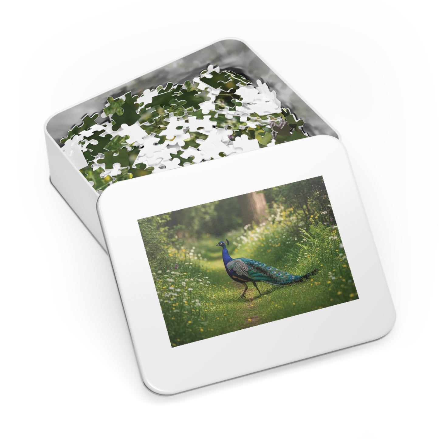 Peacock in Wildflower Garden Jigsaw Puzzle (with Tin) — 500-Piece Nature Puzzle Gift
