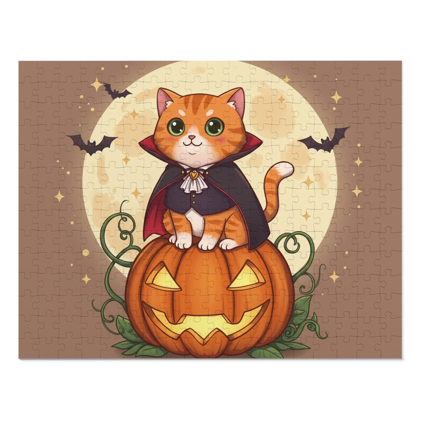 30, 110, 252 pcs Halloween Cat Jigsaw Puzzle, Cute Halloween Puzzle, Cartoon Kitten in Cape on Glowing Pumpkin, Halloween Night Scene with Bats and Moon
