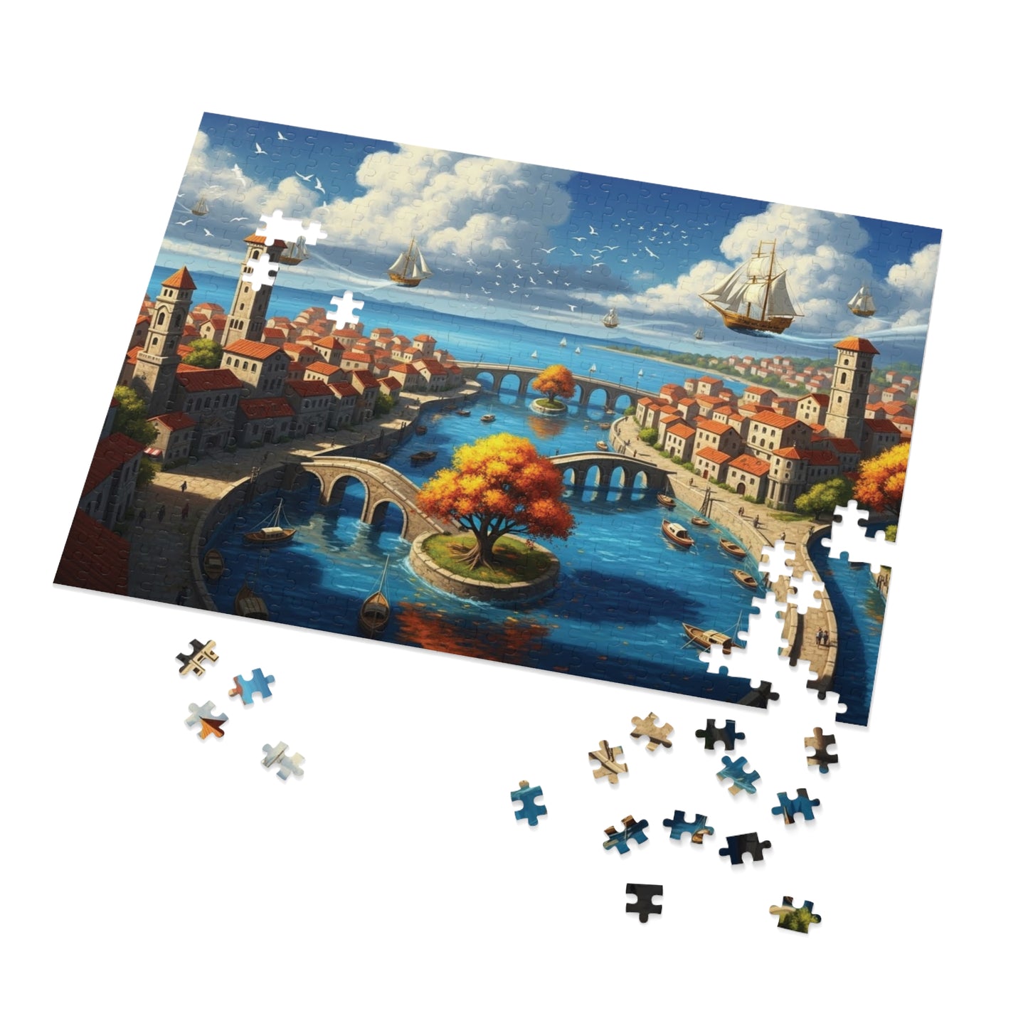Floating Ships Over the Canal City, Coastal Town, Sailing Ships & Bridge Jigsaw Puzzle ✨