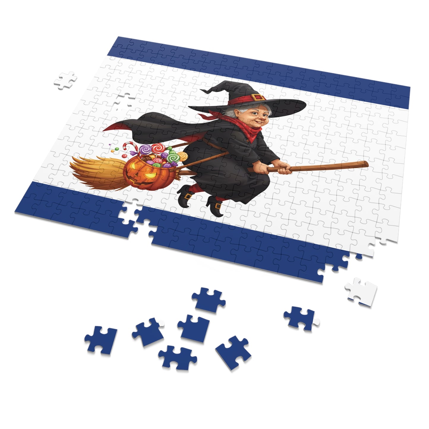 30, 110, 252, 500 Cartoon Witch on Broom Halloween Jigsaw Puzzle – Trick or Treat Theme, Halloween Witch Puzzle, Halloween Candy Pumpkin Art, Broomstick Ride & Sweets