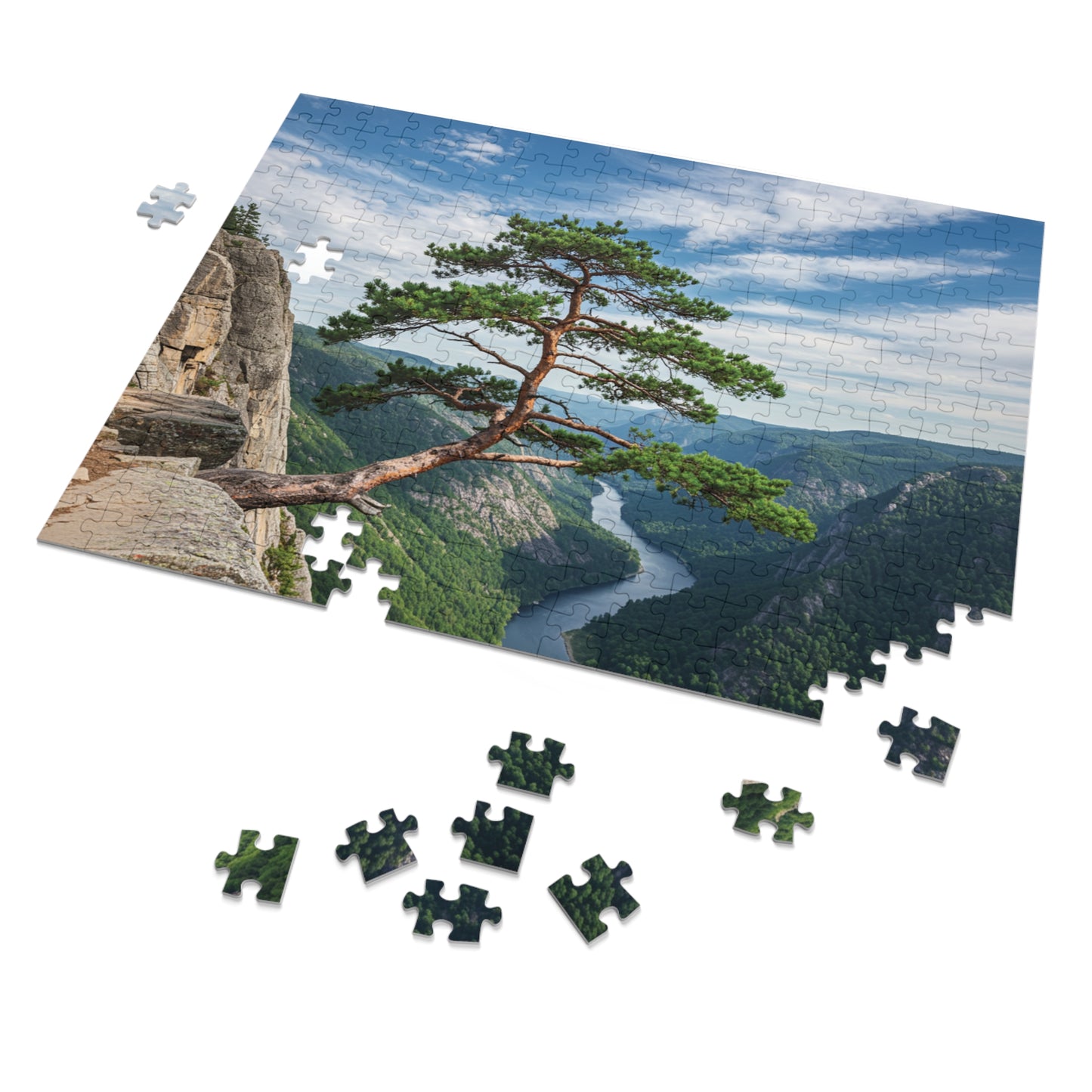 Cliffside Tree Jigsaw Puzzle (110, 252, 500, 1000, 2000 pcs) – Peaceful Nature, Mountain & River Design, Serene Forest Scene