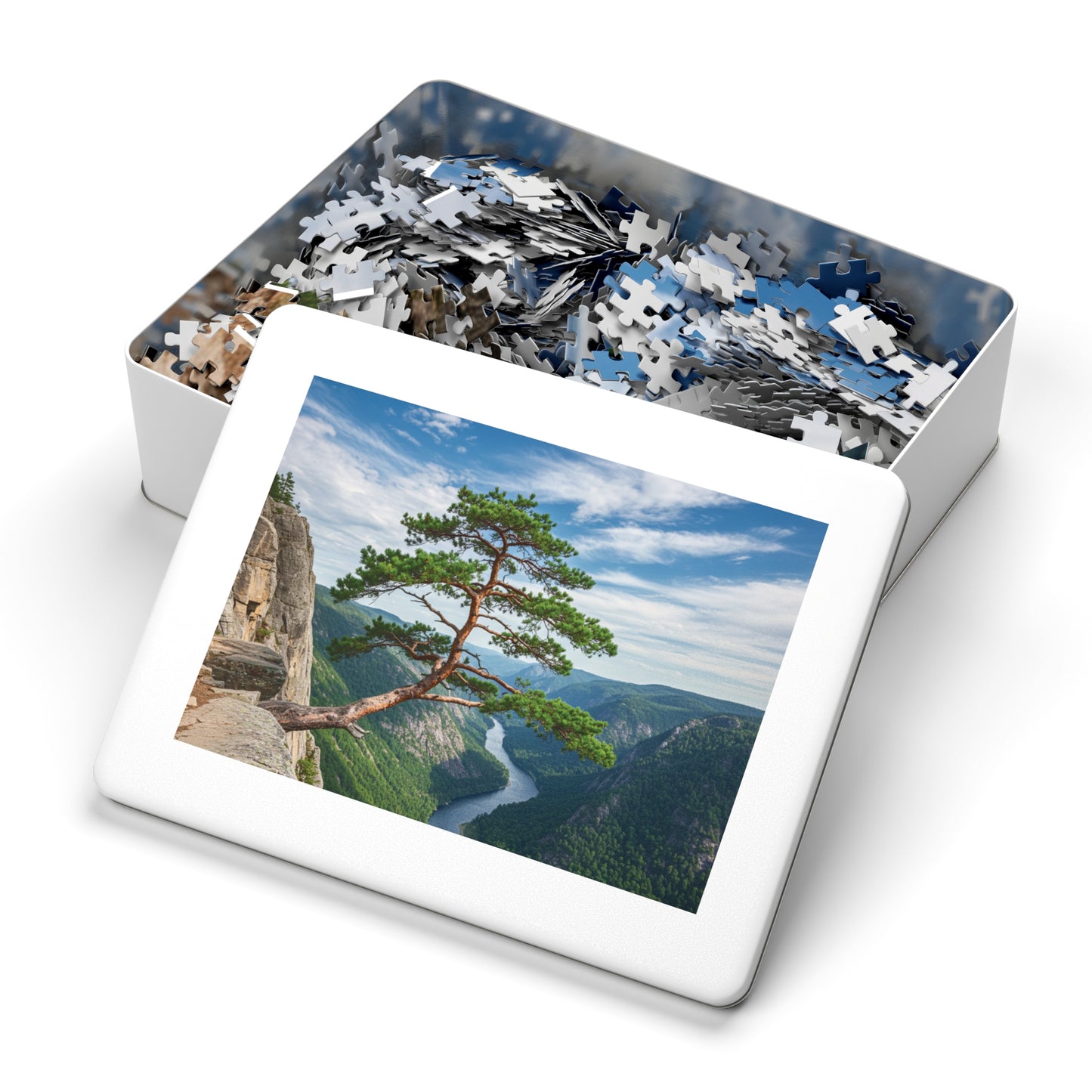 Cliffside Tree Jigsaw Puzzle (110, 252, 500, 1000, 2000 pcs) – Peaceful Nature, Mountain & River Design, Serene Forest Scene