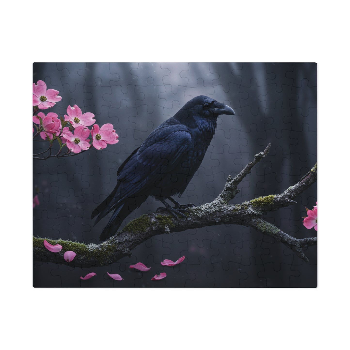 110, 252, 500, 1000, 2000 Black Bird in Spring Forest | Dark Raven with Pink Blossoms | Nature-Inspired Raven & Bloom Puzzle |Mystical Raven Jigsaw Puzzle with Tin | Gothic Raven & Cherry Blossom Puzzle