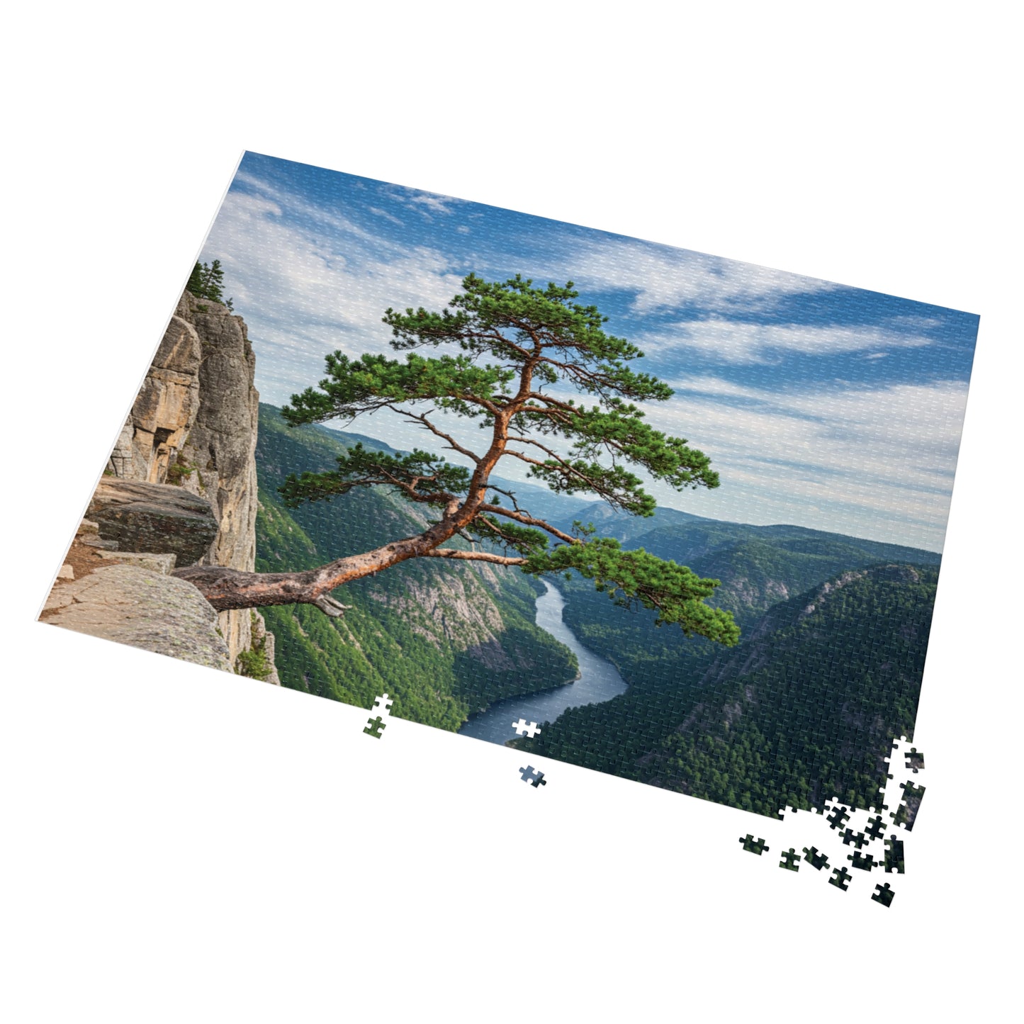 Cliffside Tree Jigsaw Puzzle (110, 252, 500, 1000, 2000 pcs) – Peaceful Nature, Mountain & River Design, Serene Forest Scene