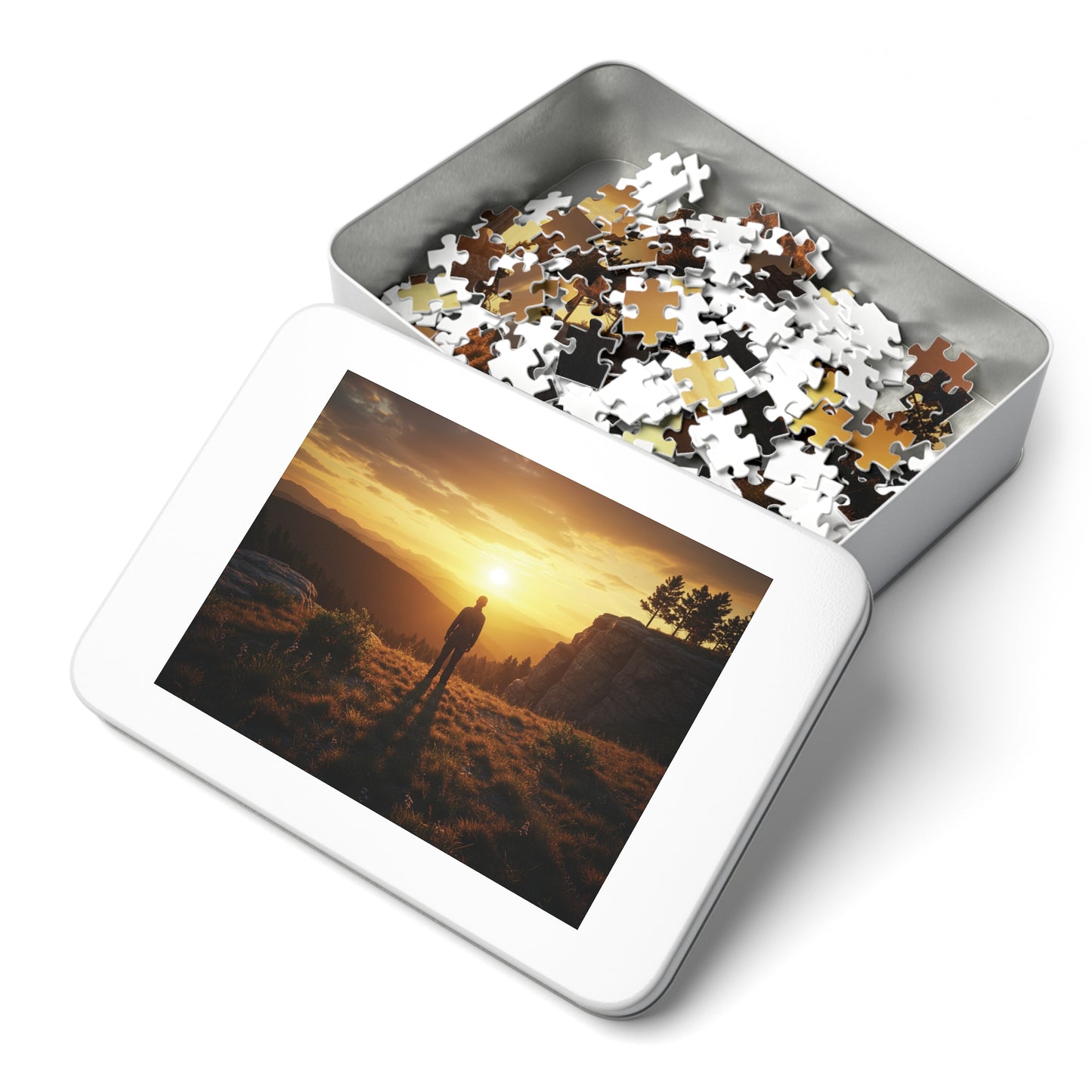 252, 500, 1000, 2000 Jigsaw Puzzle| Golden Hour Reflection | Sunset Overlook | Solitary Figure in Nature | Mountain Ridge Glow Jigsaw Puzzle | Scenic Jigsaw Puzzle with Vintage Tin