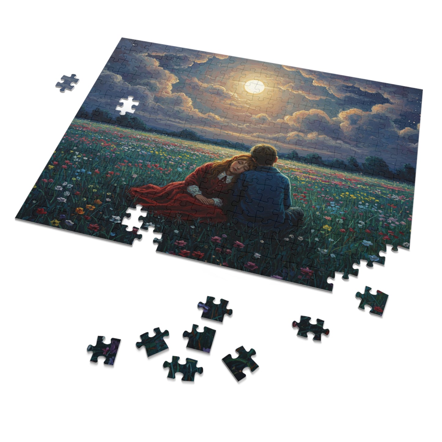 110, 252, 500, 1000, 2000 Romantic Moonlight Jigsaw Puzzle, Starry Night Romance Puzzle, Couple Under Moonlight in Meadow, Lovers Resting in Flower Field