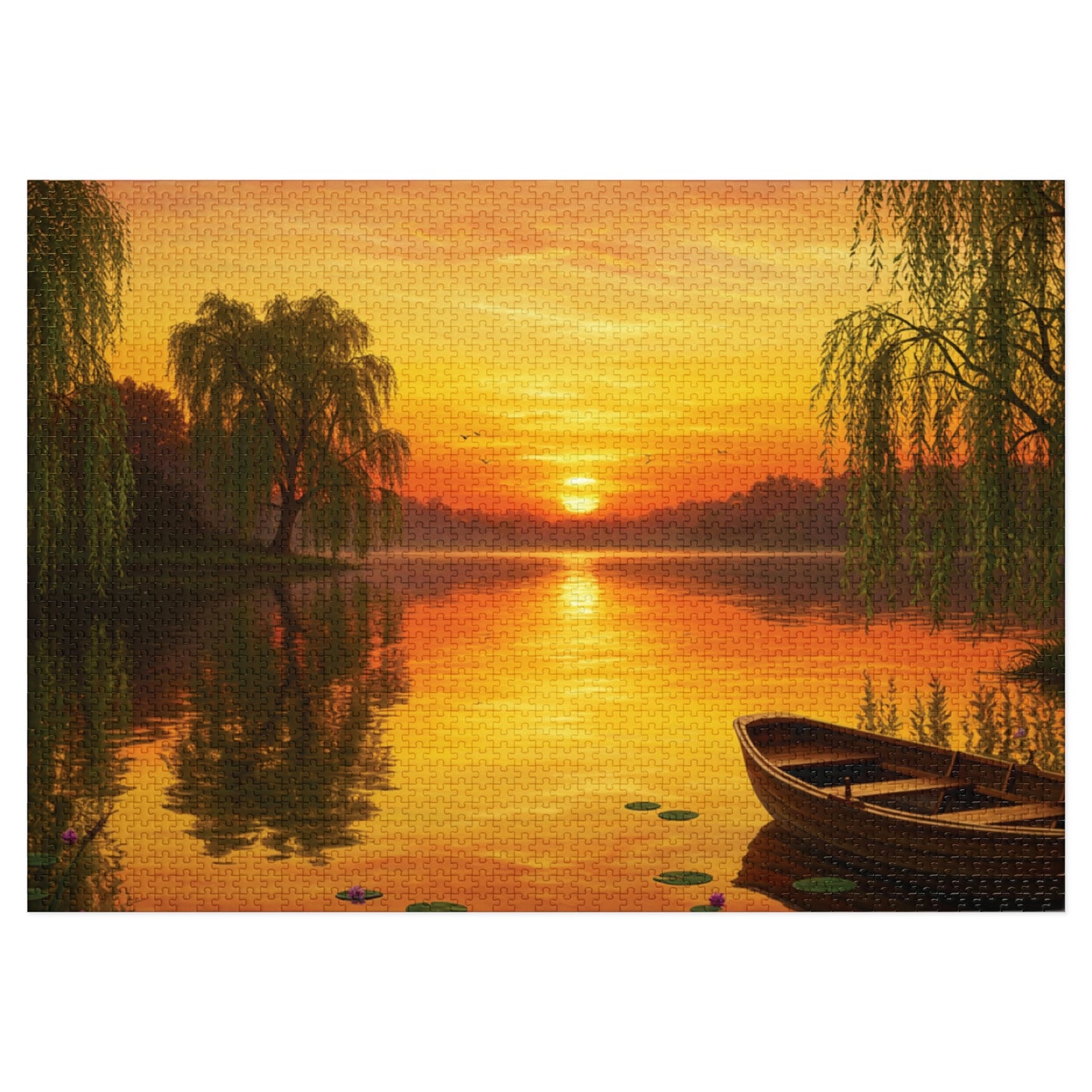 110, 252, 500, 1000, 2000 Golden Sunset Rowboat Puzzle, Sunset Over Still Waters, Boat at Dusk Puzzle, Tranquil Willow Tree Sunset, Golden Hour Reflection Puzzle, Sunset Reflection on Lake Puzzle, Rowboat on Calm Waters Puzzle