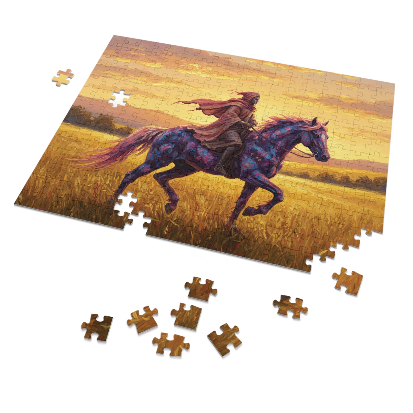 110, 252, 500, 1000, 2000 Jigsaw Puzzle, Mystical Rider Jigsaw Puzzle, Cloaked Rider on Colorful Horse, Epic Sunset Adventure, Premium Puzzle Gift,  Hero on Horse, Golden Field, Fantasy Theme, Vibrant Fantasy Sunset Art