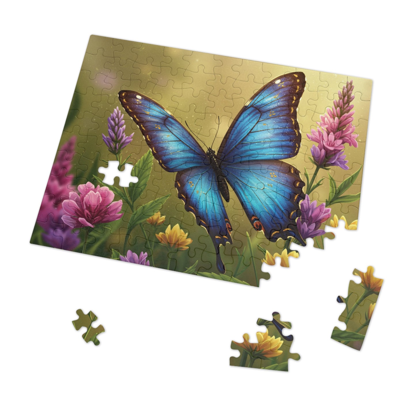 30, 110, 252, 500 | Blue Butterfly Among Spring Wildflowers | Vibrant Garden Scene | Nature Jigsaw Puzzle | Bloom & Wings Puzzle Art | Butterfly Blossom Jigsaw Puzzle with Tin