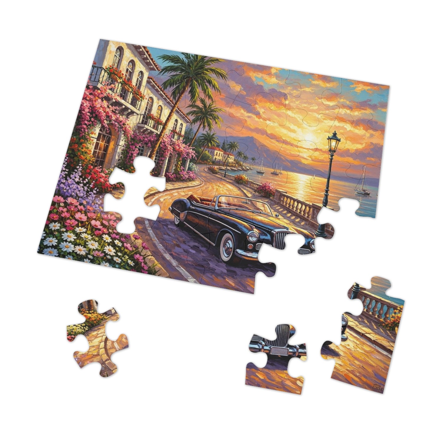 Vintage Convertible Coastal Sunset Jigsaw Puzzle