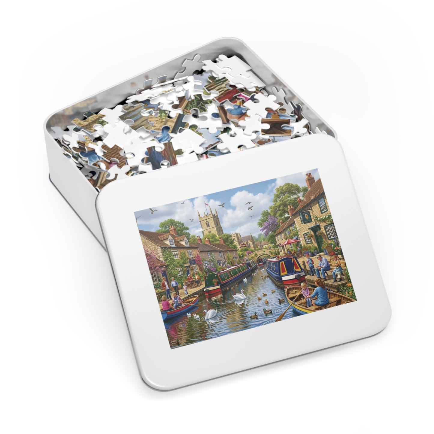 Canal Village Jigsaw Puzzle with Boats Swans and Cottages