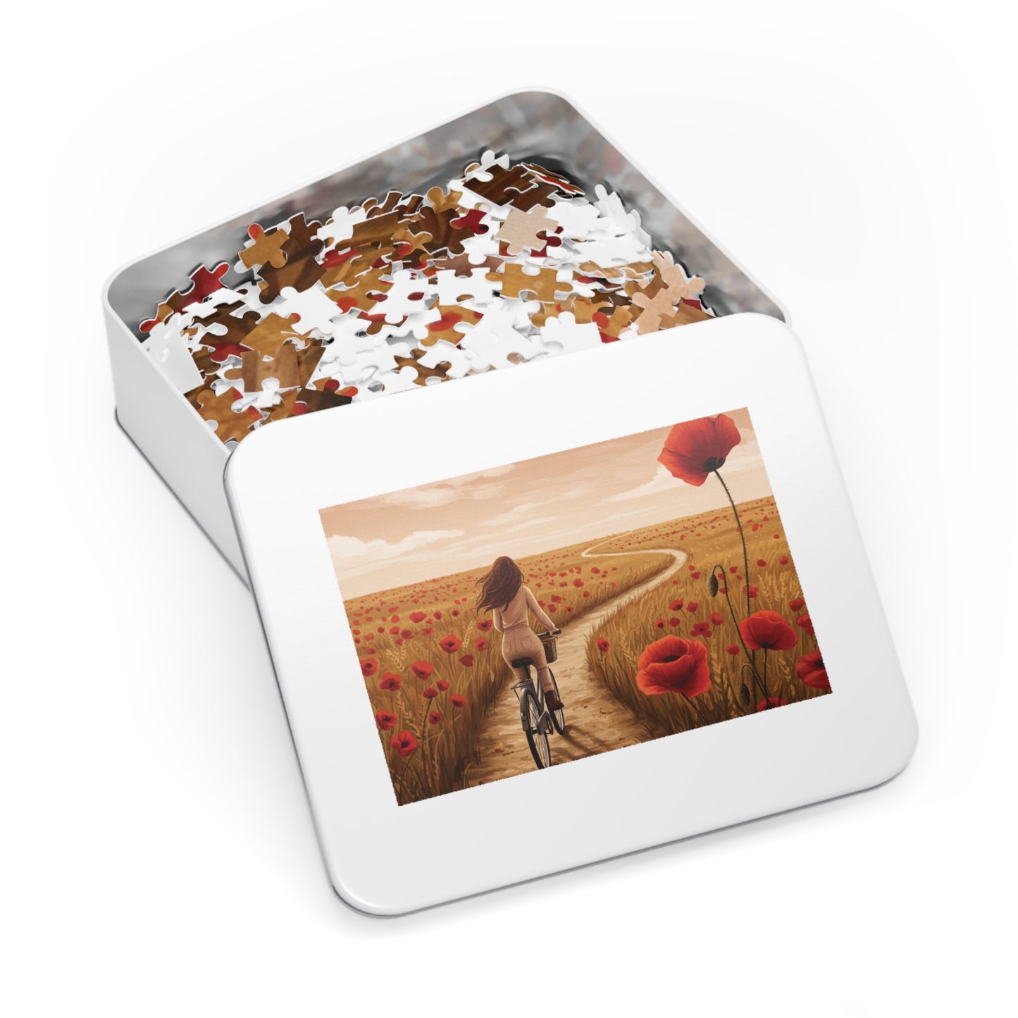 110, 252, 500, 1000, 2000 Golden Poppy Fields Jigsaw Puzzle – Serene Summer Bike Ride, Serene Poppy Fields Jigsaw Puzzle with Tin, Escape into Nature – Summer Cycling Puzzle with Flowers