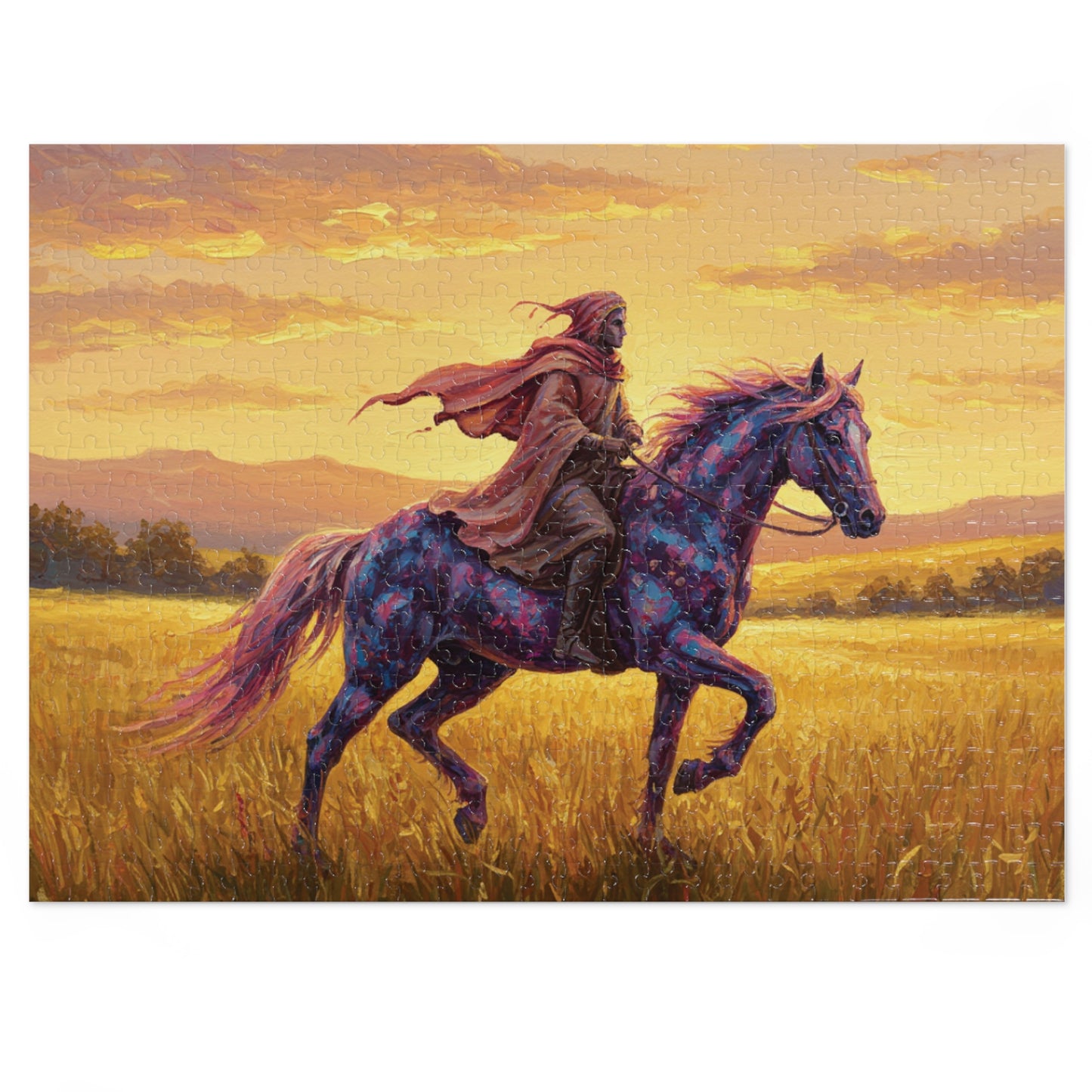 110, 252, 500, 1000, 2000 Jigsaw Puzzle, Mystical Rider Jigsaw Puzzle, Cloaked Rider on Colorful Horse, Epic Sunset Adventure, Premium Puzzle Gift,  Hero on Horse, Golden Field, Fantasy Theme, Vibrant Fantasy Sunset Art