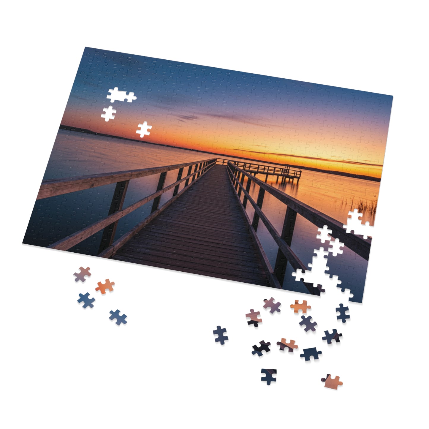 Sunset Jigsaw Puzzle with Tin, Boardwalk Sunset Puzzle – Soothing Waterscape Jigsaw for Relaxation, Peaceful Sunset Landscape Puzzle