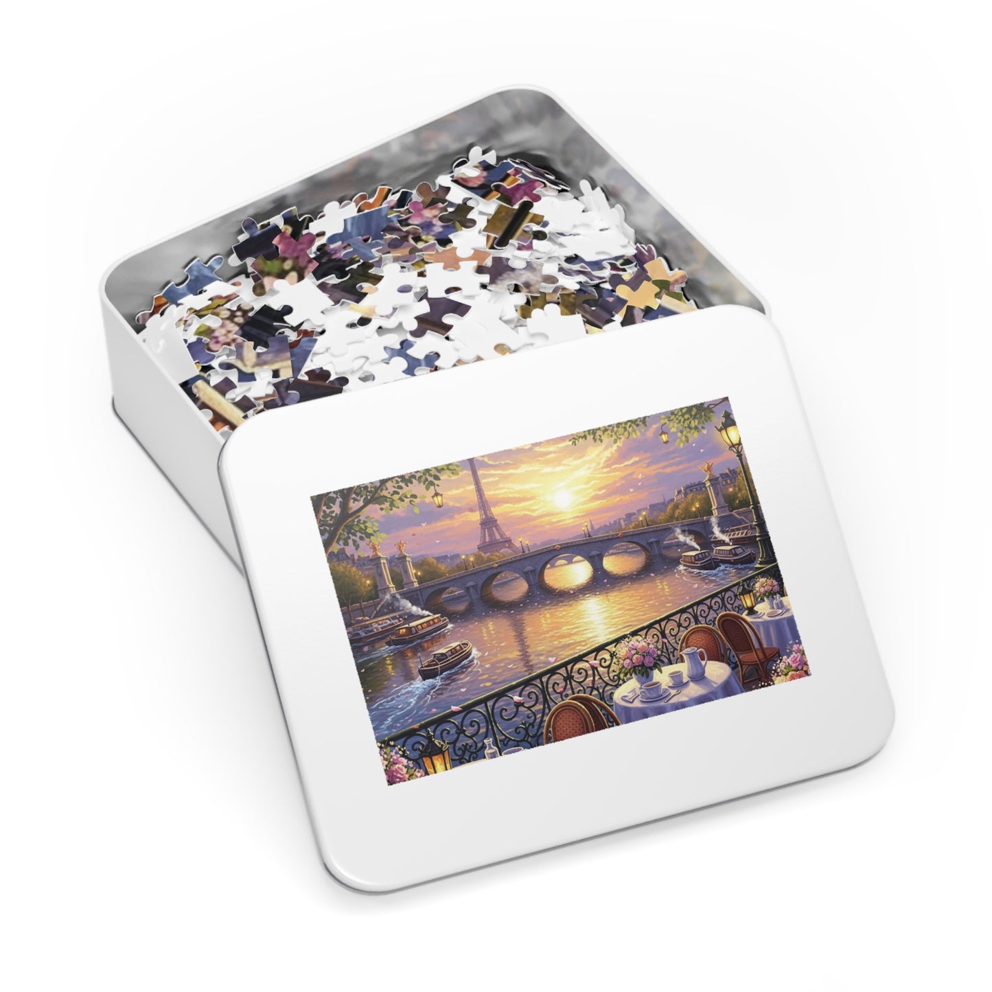Eiffel Tower Sunset Over the Seine Puzzle | Paris Café Terrace Artwork