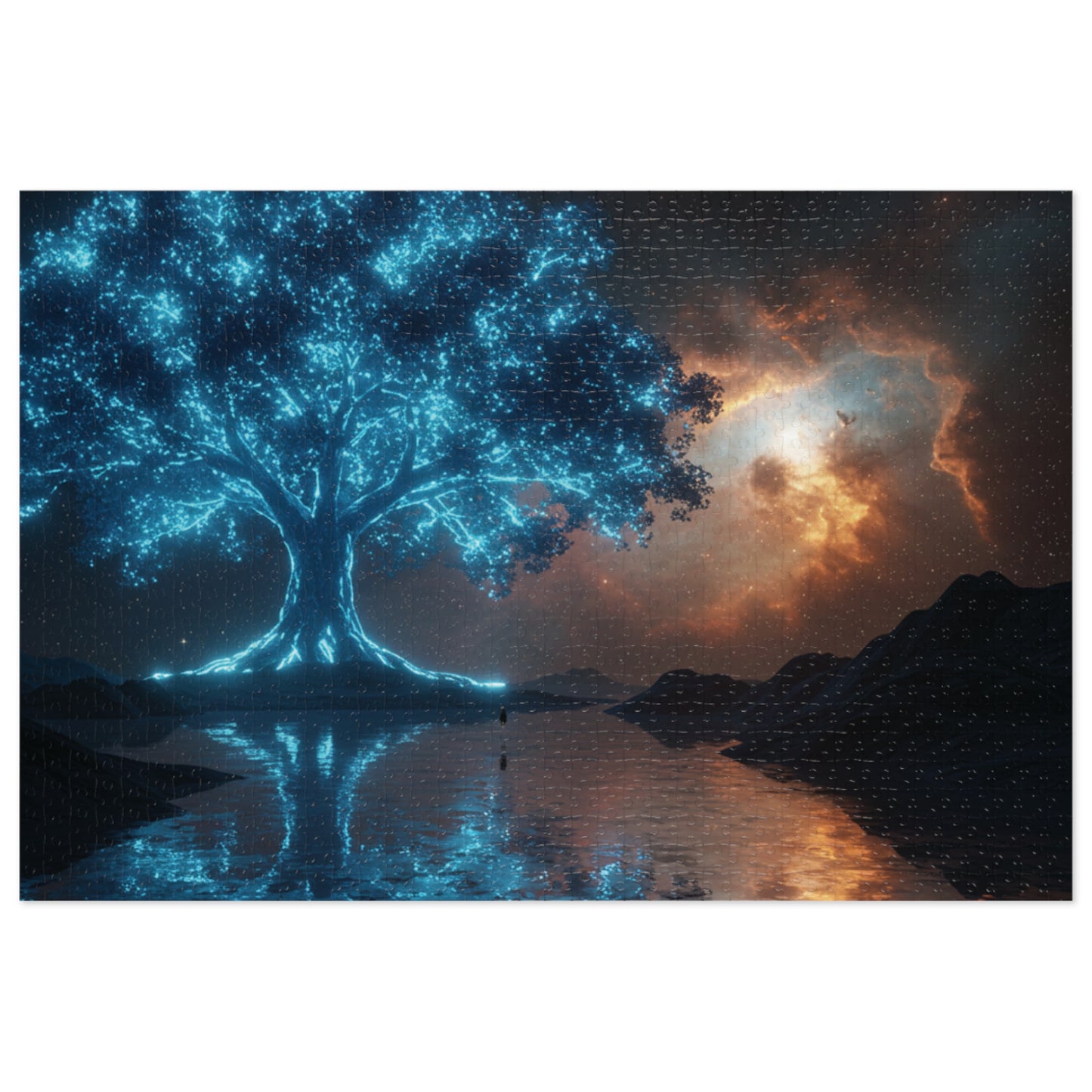 110, 252, 500, 1000, 2000 | Mystical Tree Jigsaw Puzzle with Tin, Enchanting Atmosphere, Celestial Tree of Light Puzzle – Cosmic Fantasy Glow Art