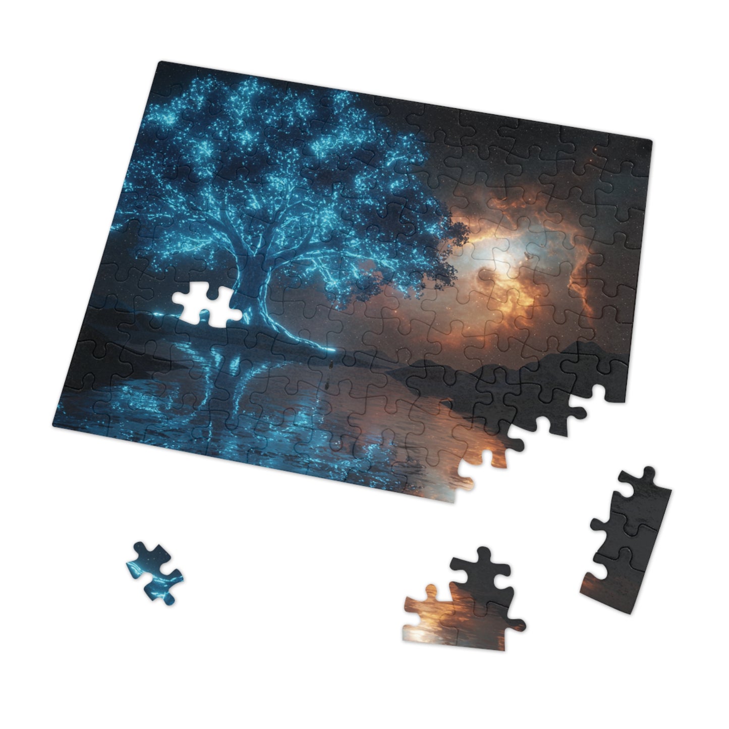 110, 252, 500, 1000, 2000 | Mystical Tree Jigsaw Puzzle with Tin, Enchanting Atmosphere, Celestial Tree of Light Puzzle – Cosmic Fantasy Glow Art