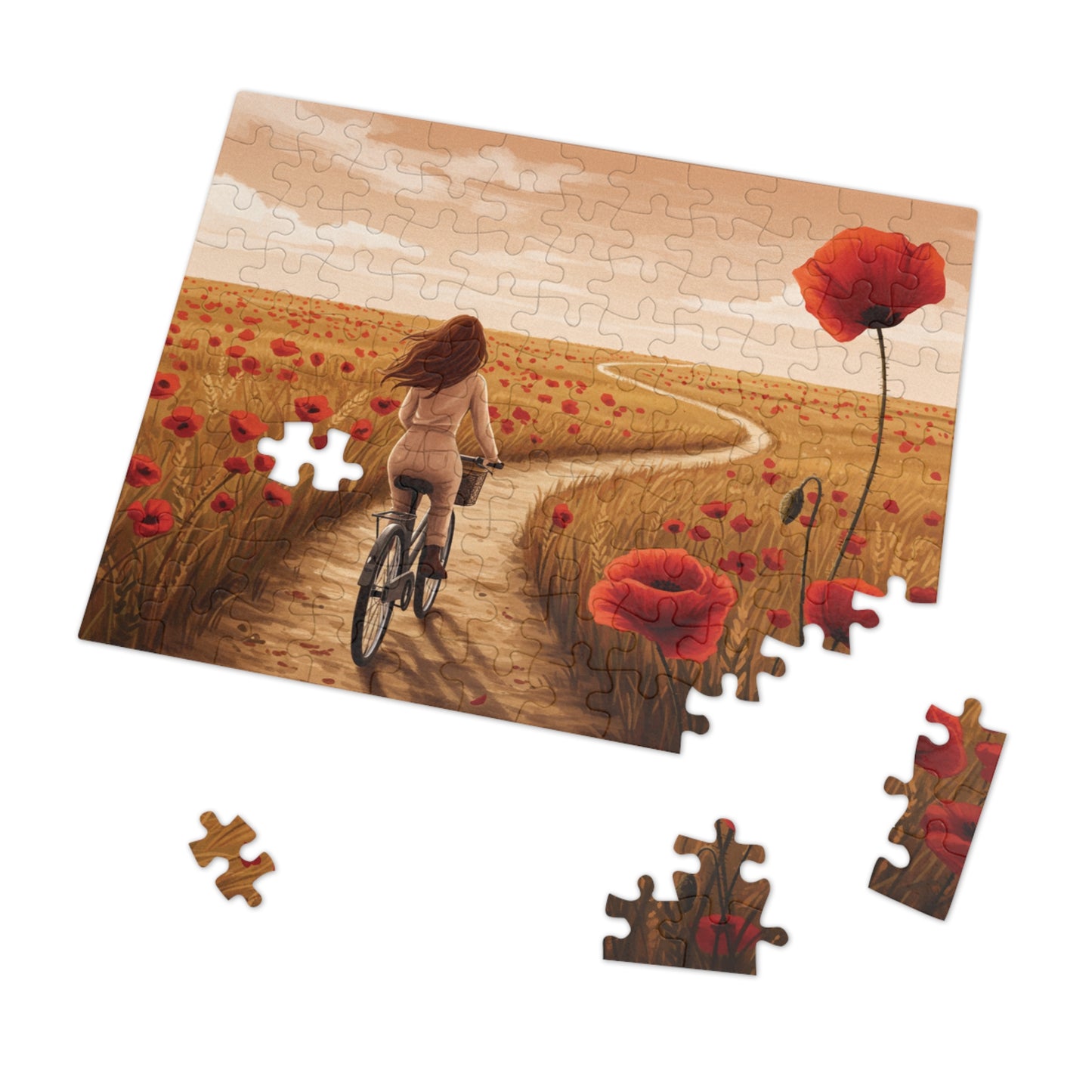 110, 252, 500, 1000, 2000 Golden Poppy Fields Jigsaw Puzzle – Serene Summer Bike Ride, Serene Poppy Fields Jigsaw Puzzle with Tin, Escape into Nature – Summer Cycling Puzzle with Flowers