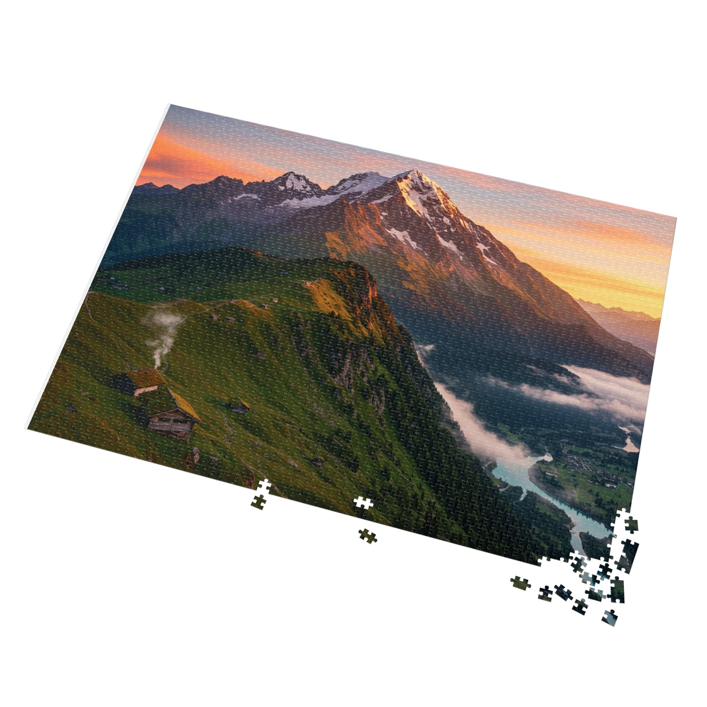 Sunrise Over Forested Hills Jigsaw Puzzle (252, 500, 1000, 2000 pcs) – Cabins, Snowy Ridge & Glowing Sky