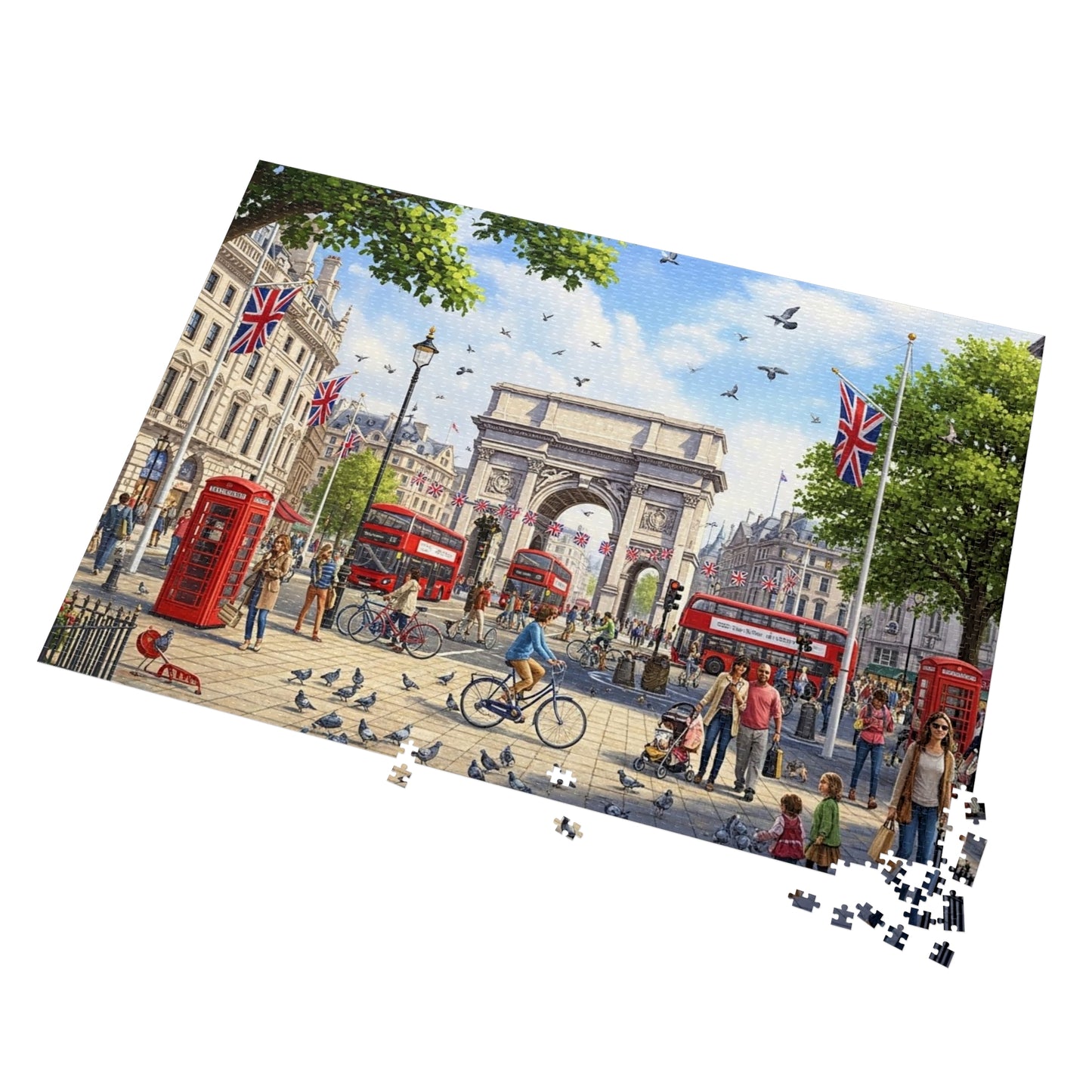 Historic London Arch Jigsaw Puzzle with Red Buses Cyclists and Crowds