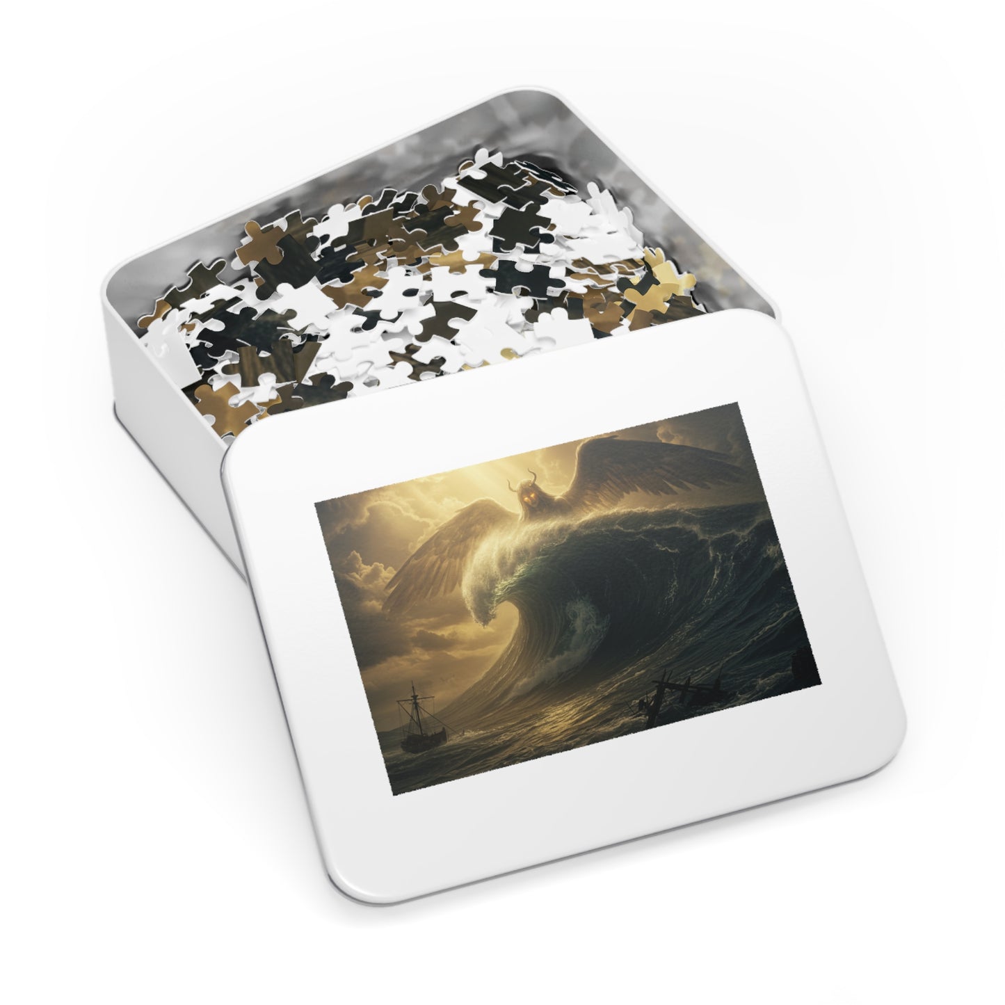 110, 252, 500, 1000, 2000 Mythic Sea Angel Rising | Stormy Ocean Wave Fantasy Art | Shipwreck & Light Beams | Surreal Winged Creature Wall Decor, Fantasy Jigsaw Puzzle with Tin