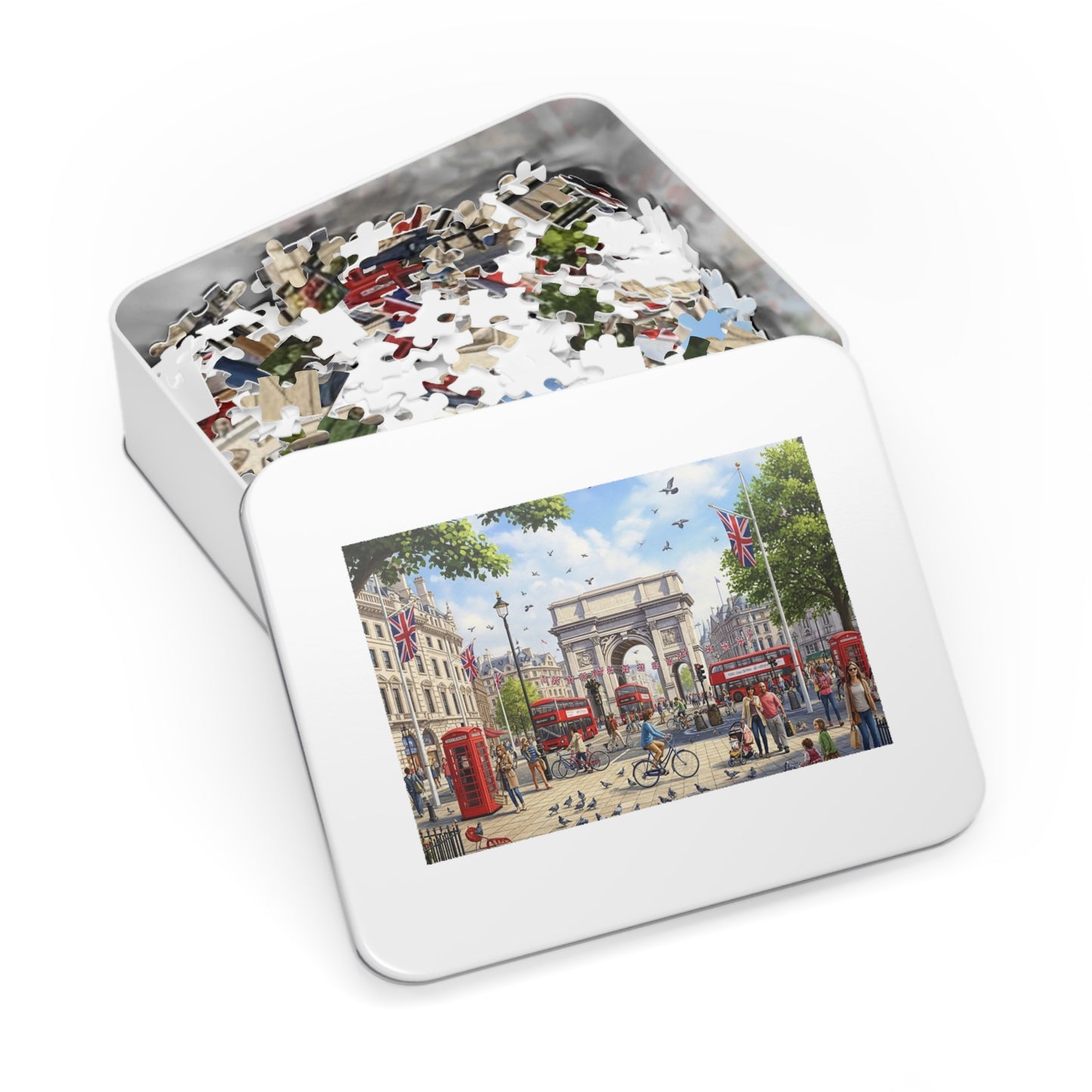 Historic London Arch Jigsaw Puzzle with Red Buses Cyclists and Crowds