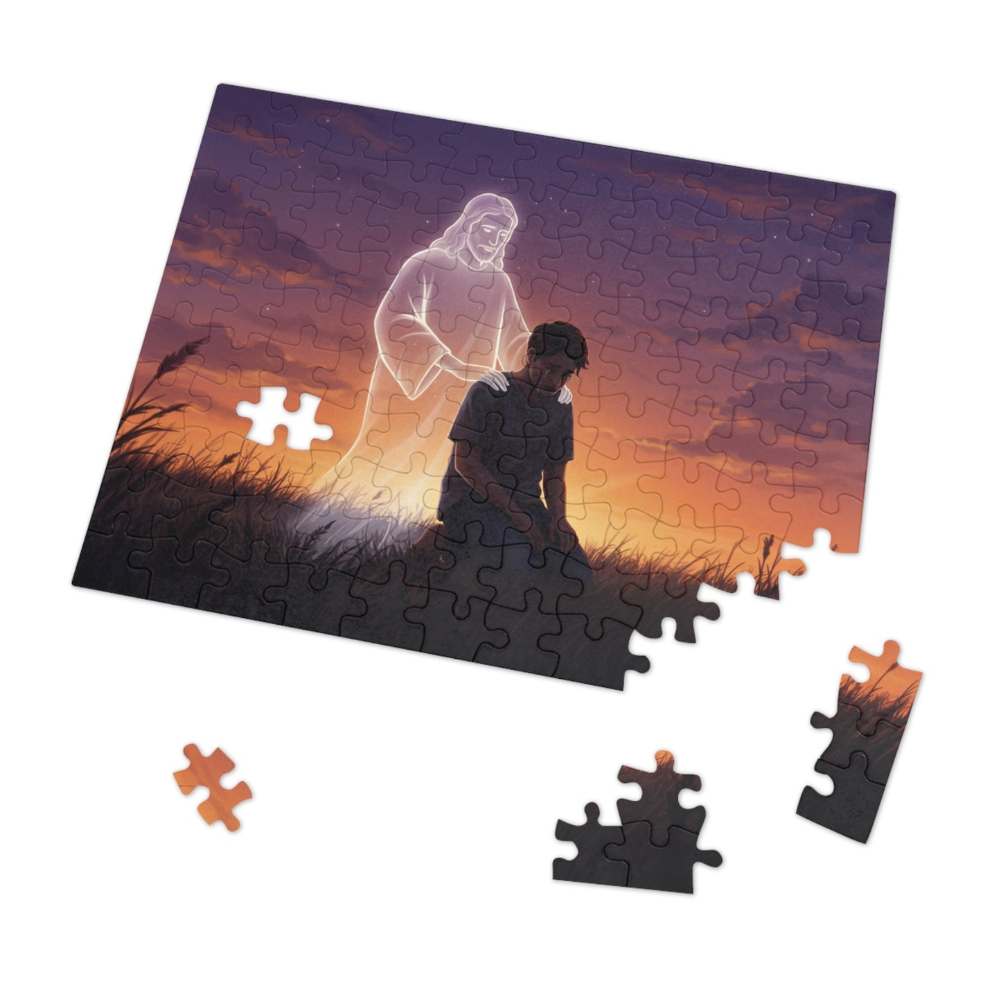 110, 252, 500, 1000 Spiritual Reflection Jigsaw Puzzle with Tin, Sunset Prayer and Heavenly Light Design, Kneeling Figure, Angelic Presence Jigsaw puzzle