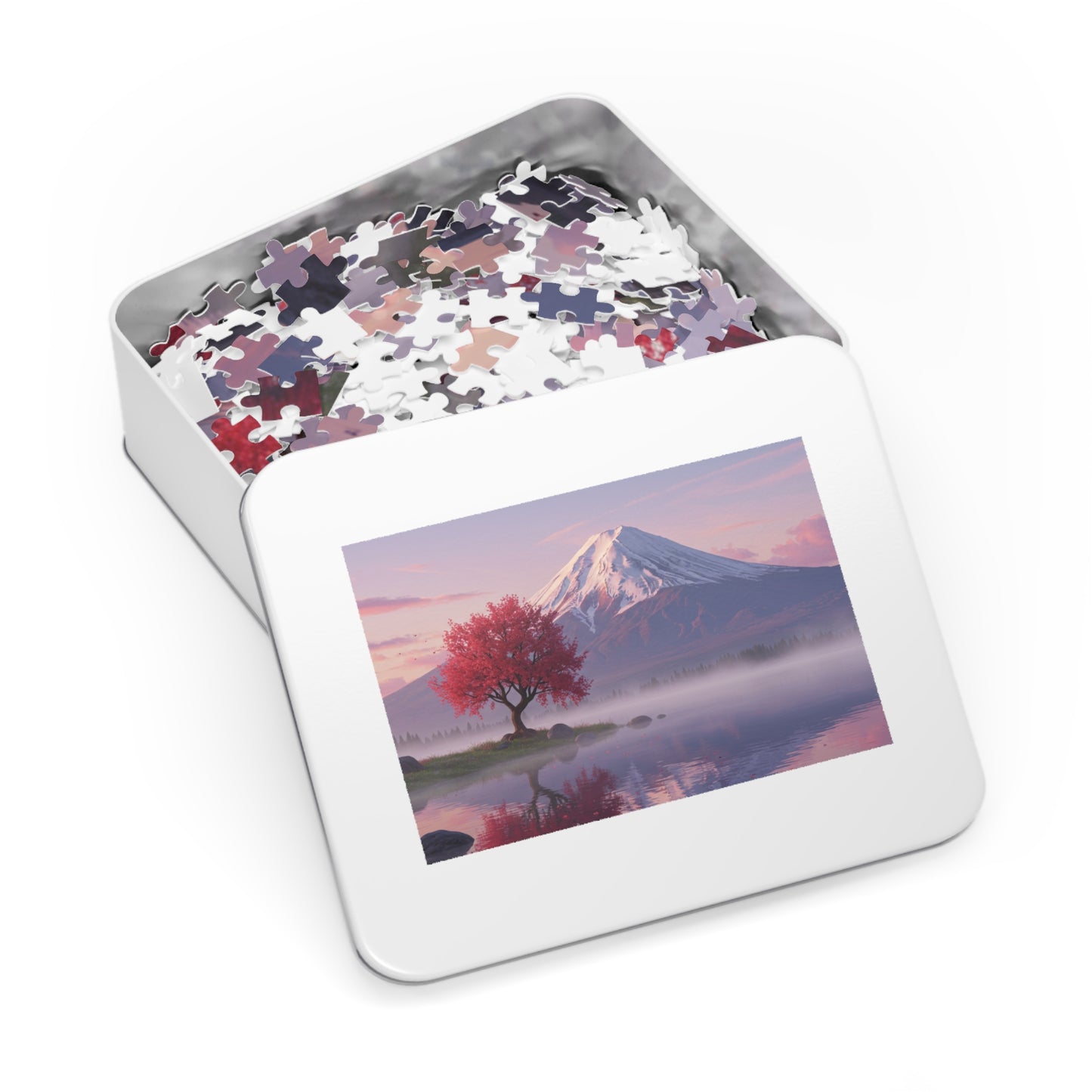 110, 252, 500, 1000, 2000 Cherry Blossom Tree by Mt. Fuji, Sakura Tree & Snowy Mountain Puzzle, Peaceful Pink Tree & Misty Lake Puzzle, Mount Fuji at Sunrise Puzzle, Calm Mountain Morning Puzzle