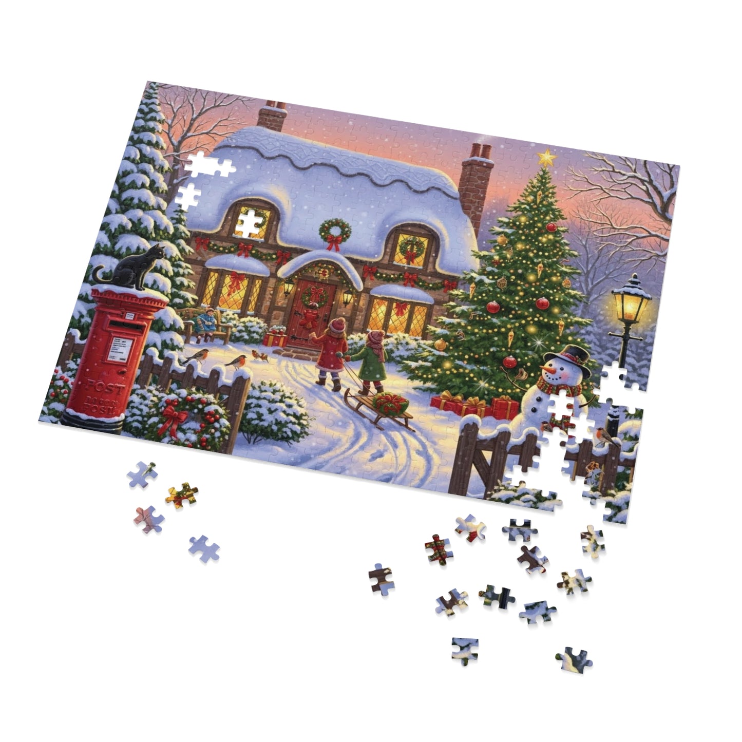 Christmas Cottage Jigsaw Puzzle with Tree Snowman and Sled