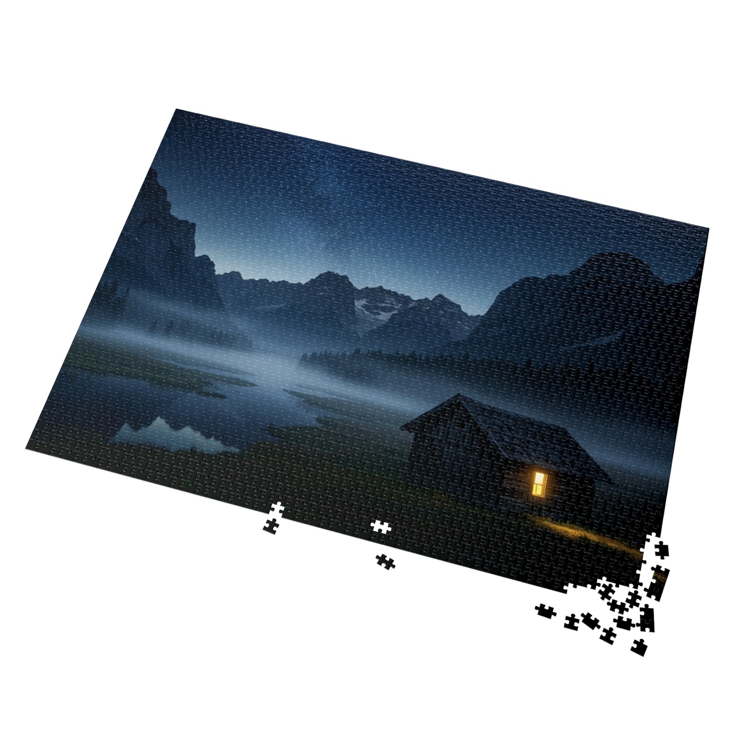 110, 252, 500, 1000, 2000 Starry Night Cabin Puzzle, Tranquil Nightscape Puzzle, Nighttime Cabin Under Stars, Twilight Mountains and Lit Cabin, Foggy Valley and Star-Filled Sky, Wilderness Cabin Puzzle
