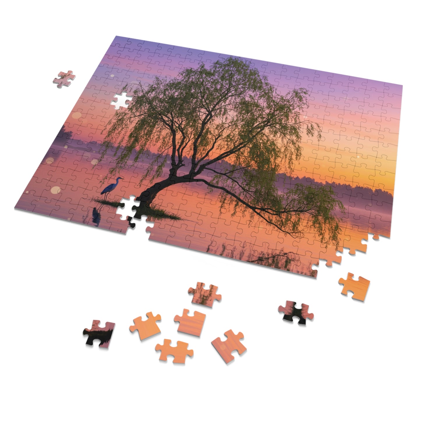 Willow Tree & Heron Jigsaw Puzzle (110, 252, 500, 1000, 2000 pcs) – Sunset Lake Scene in Gift Tin