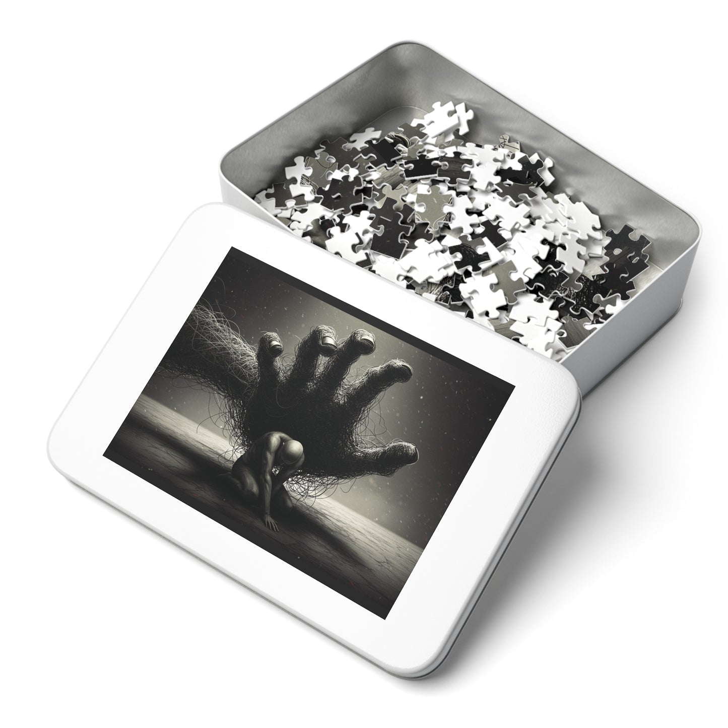 110, 252, 500, 1000, 2000 Dark Abstract Wire Hand Jigsaw Puzzle, Tangled Hand and Kneeling Figure, Oppression and Chaos Puzzle