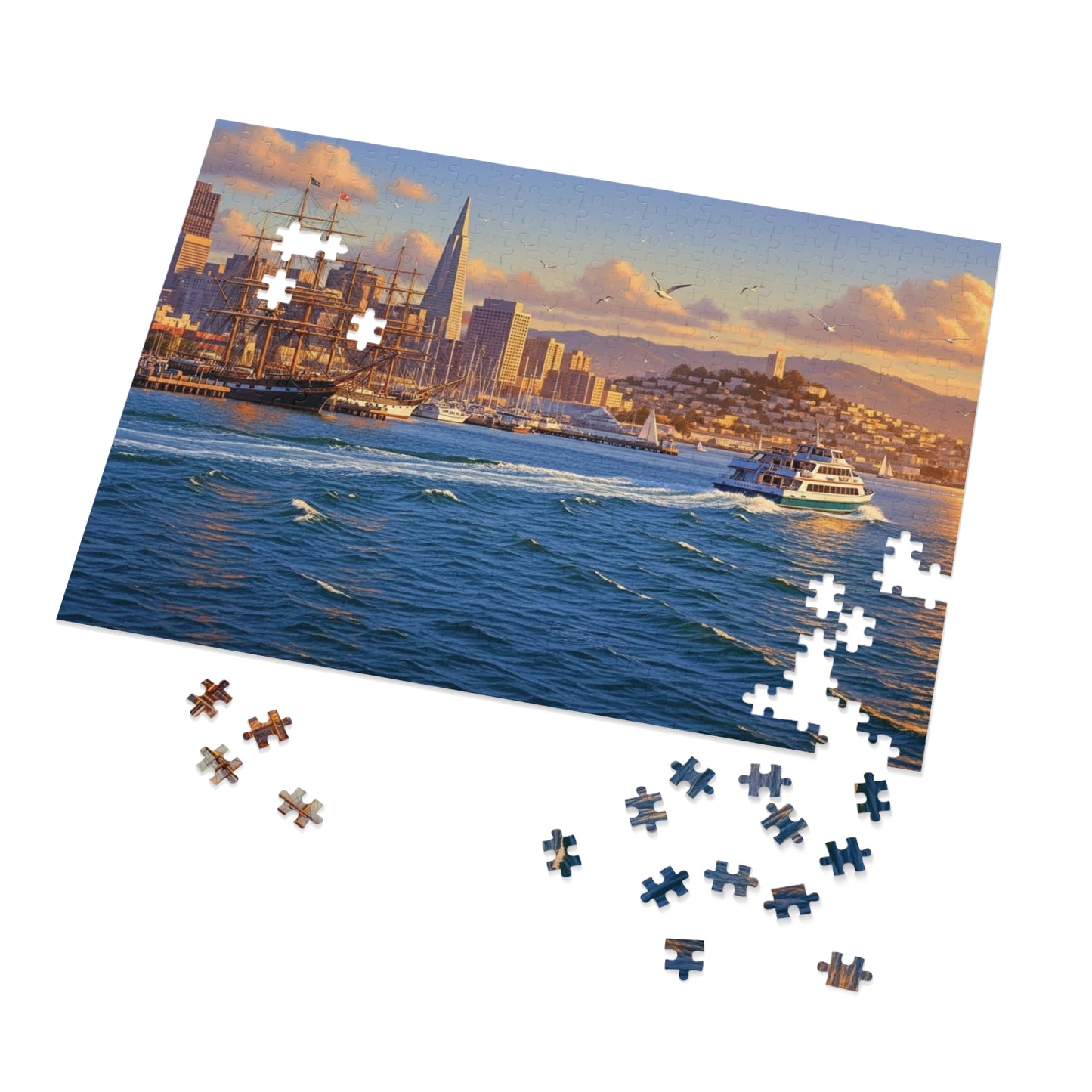 Coastal City at Sunset Jigsaw Puzzle | Nautical Waterfront Art