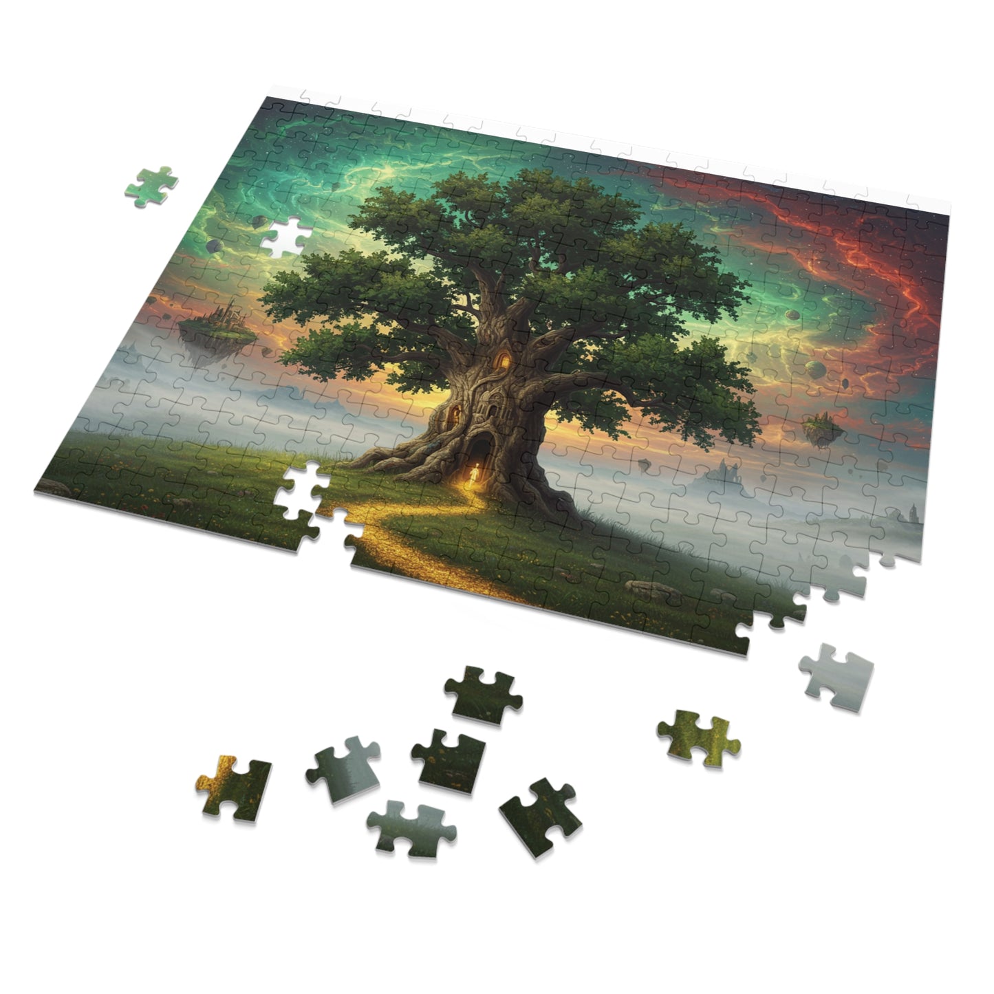 110, 252, 500, 1000, 2000 Magical Tree Jigsaw Puzzle, Mystical Tree with Glowing Doorway, Cosmic Sky and Enchanted Forest Scene, Mystical Gateway Puzzle