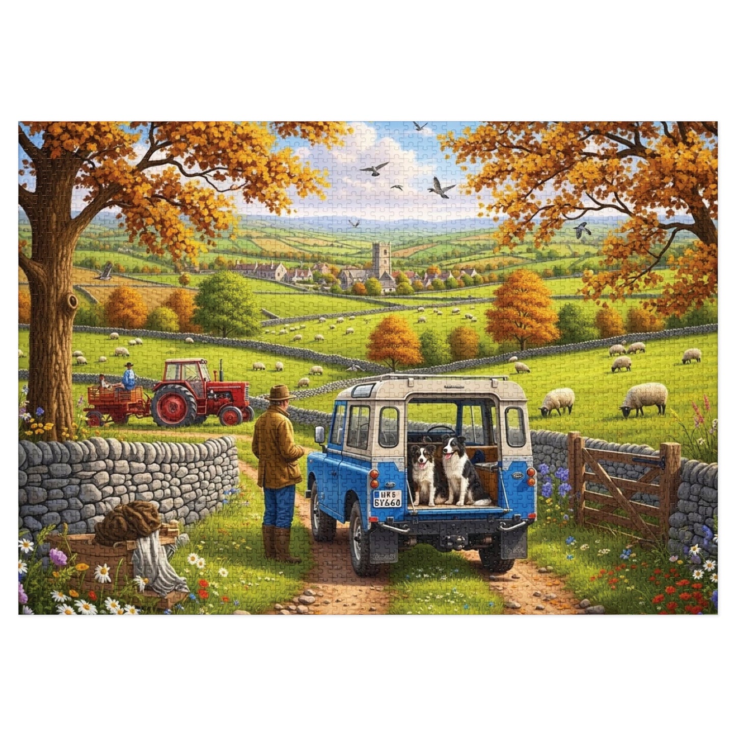 Autumn Countryside Farm Jigsaw Puzzle with Dogs, Tractor & Village